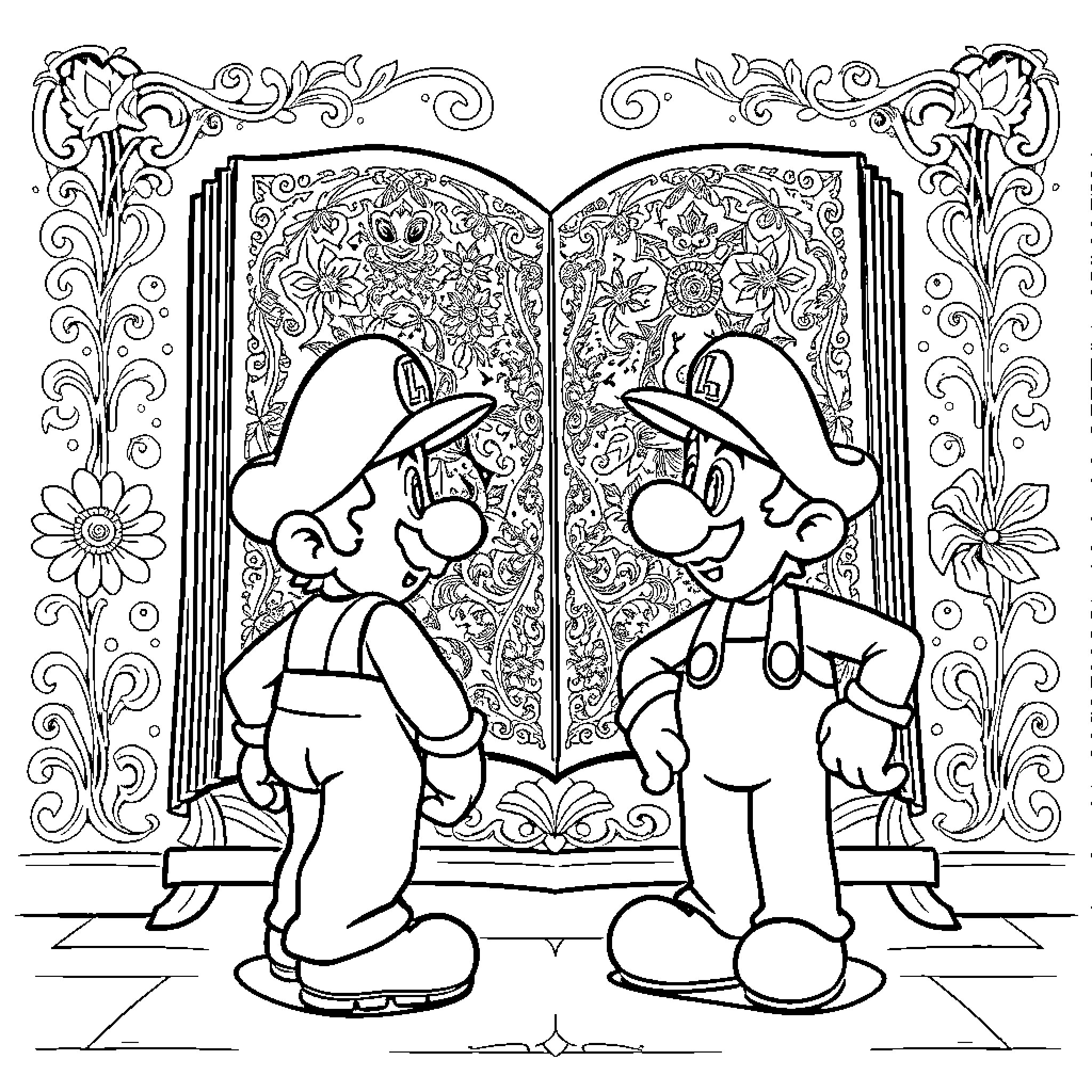 Mario and Luigi in a Whimsical Storybook Coloring Page (free black-and-white line drawing printable PDF for all, from beginners to advanced learners, including children, teens, adults, and seniors)