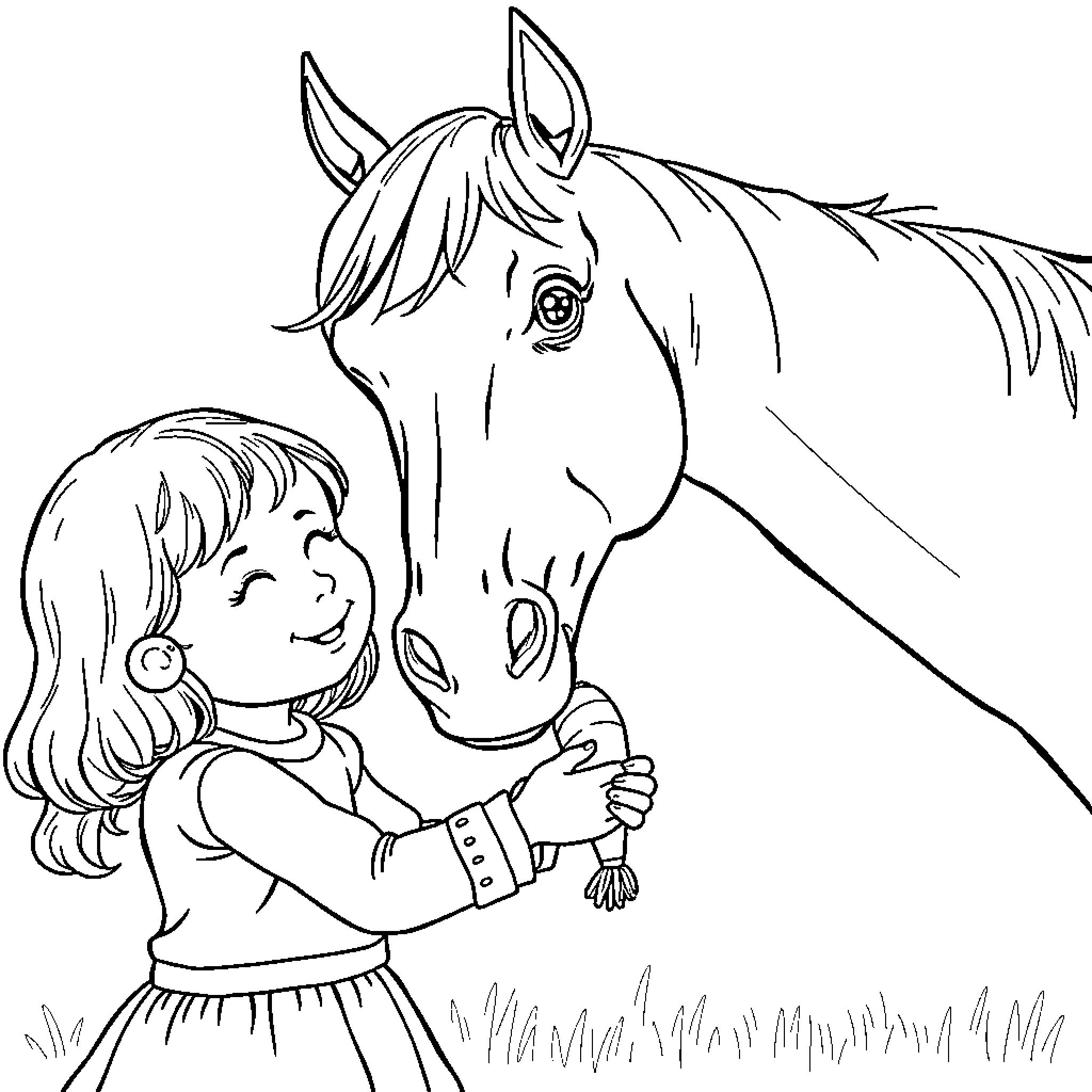Horse being petted by a happy child Coloring Page (free black-and-white line drawing printable PDF for all, from beginners to advanced learners, including children, teens, adults, and seniors)