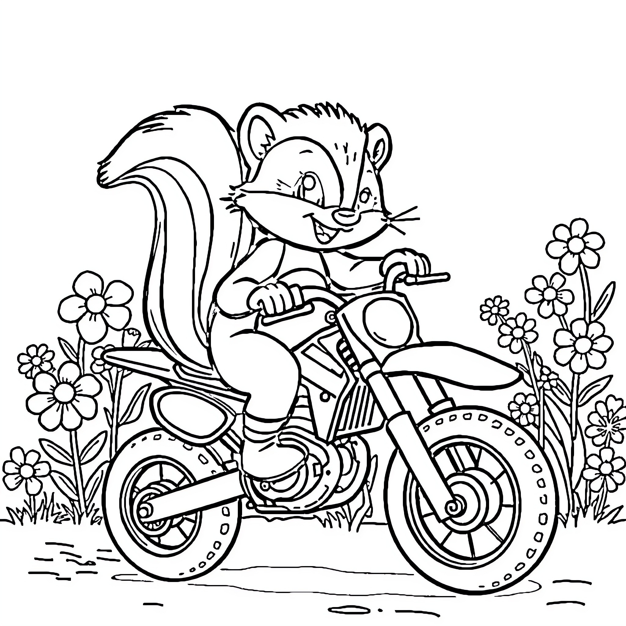 Skunk riding a motorcycle through a flower field Coloring Page (free black-and-white line drawing printable PDF for all, from beginners to advanced learners, including children, teens, adults, and seniors)