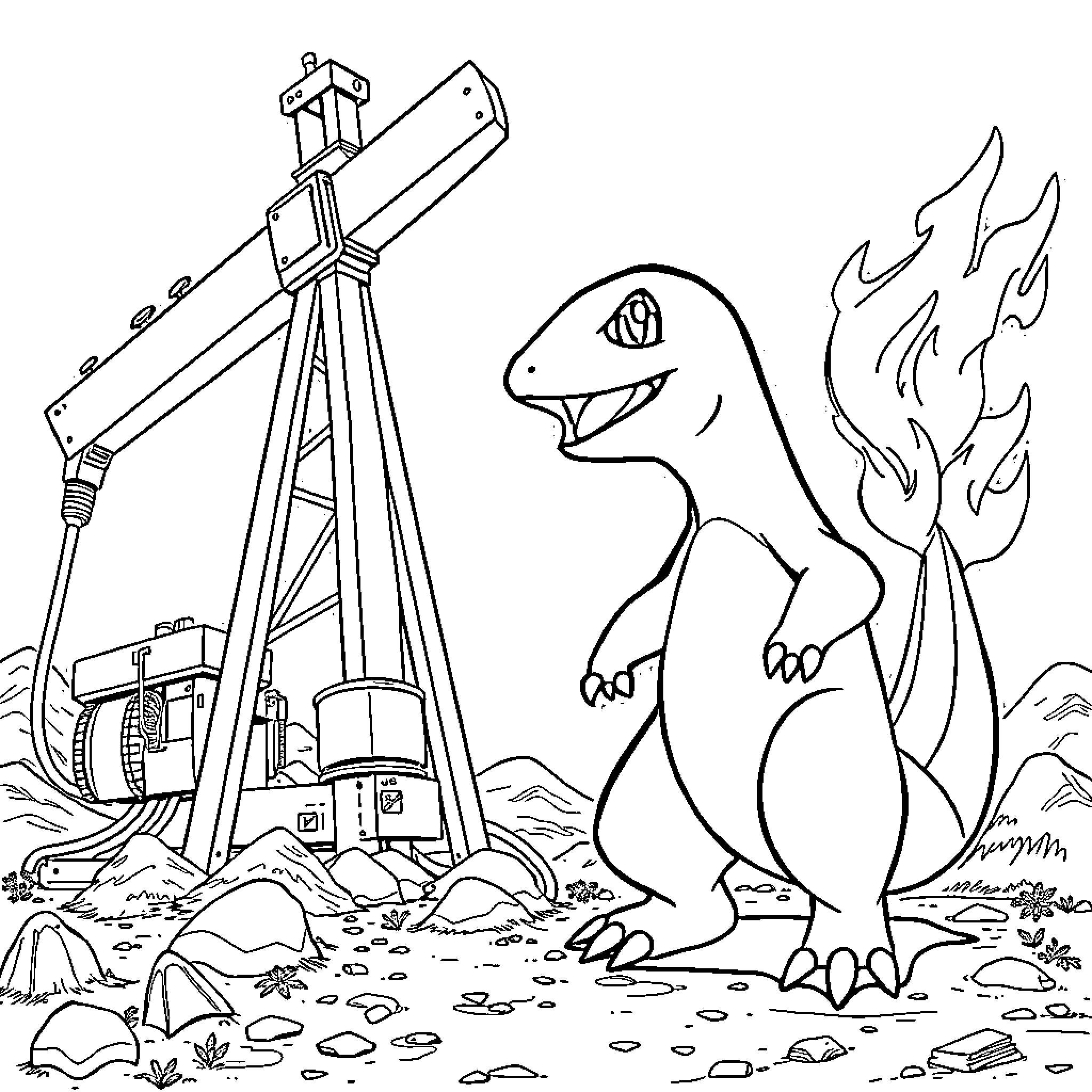 Charmander exploring a construction site Coloring Page (free black-and-white line drawing printable PDF for all, from beginners to advanced learners, including children, teens, adults, and seniors)