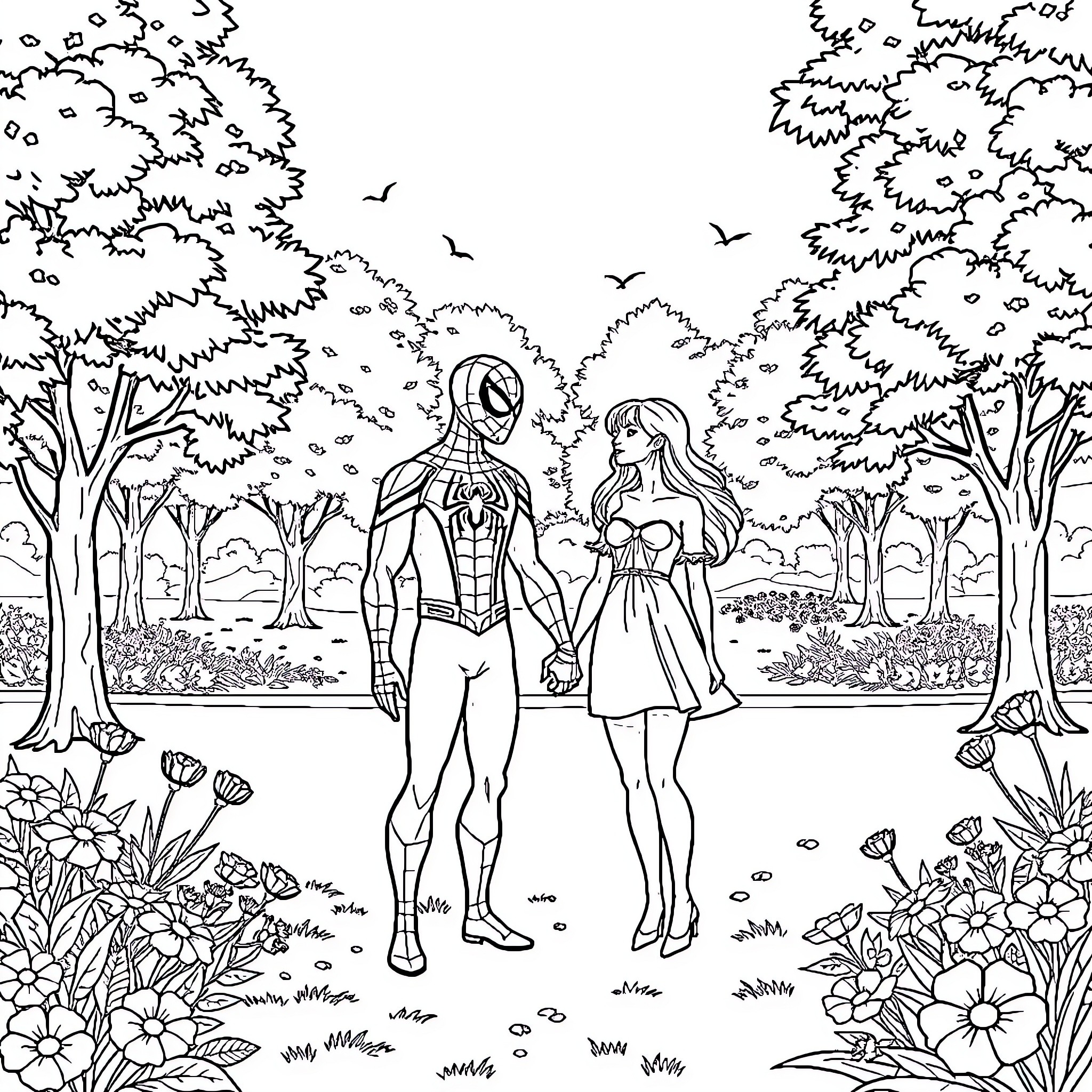 Spiderman and Gwen Stacy in a Serene Garden Coloring Page (free black-and-white line drawing printable PDF for all, from beginners to advanced learners, including children, teens, adults, and seniors)