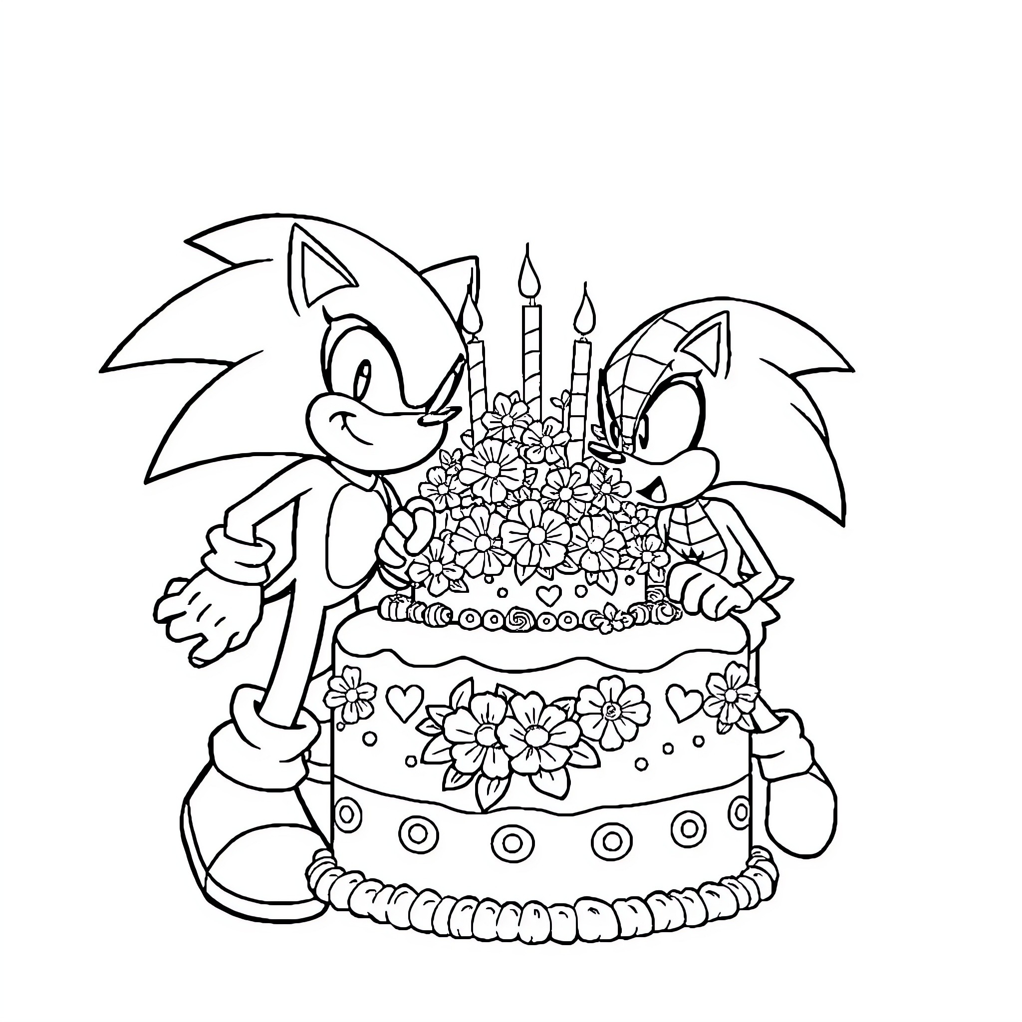 Sonic celebrating a birthday with a cake Coloring Page (free black-and-white line drawing printable PDF for all, from beginners to advanced learners, including children, teens, adults, and seniors)