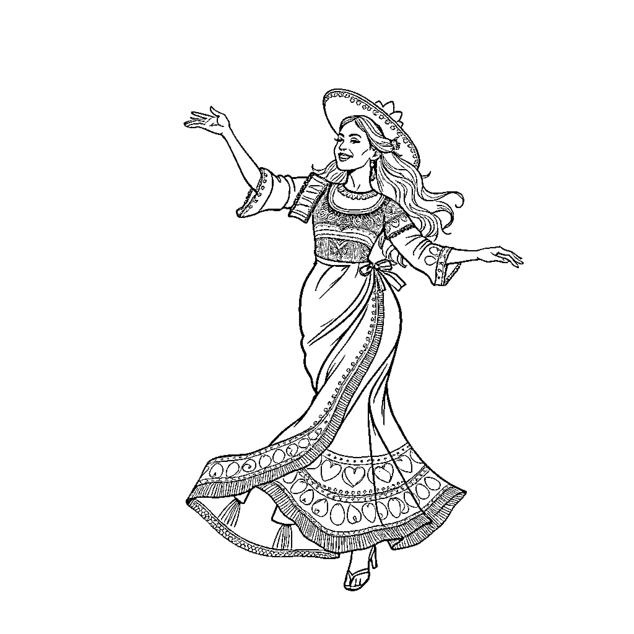 Castanyera in joyful folk dance performance Coloring Page (free black-and-white line drawing printable PDF for all, from beginners to advanced learners, including children, teens, adults, and seniors)