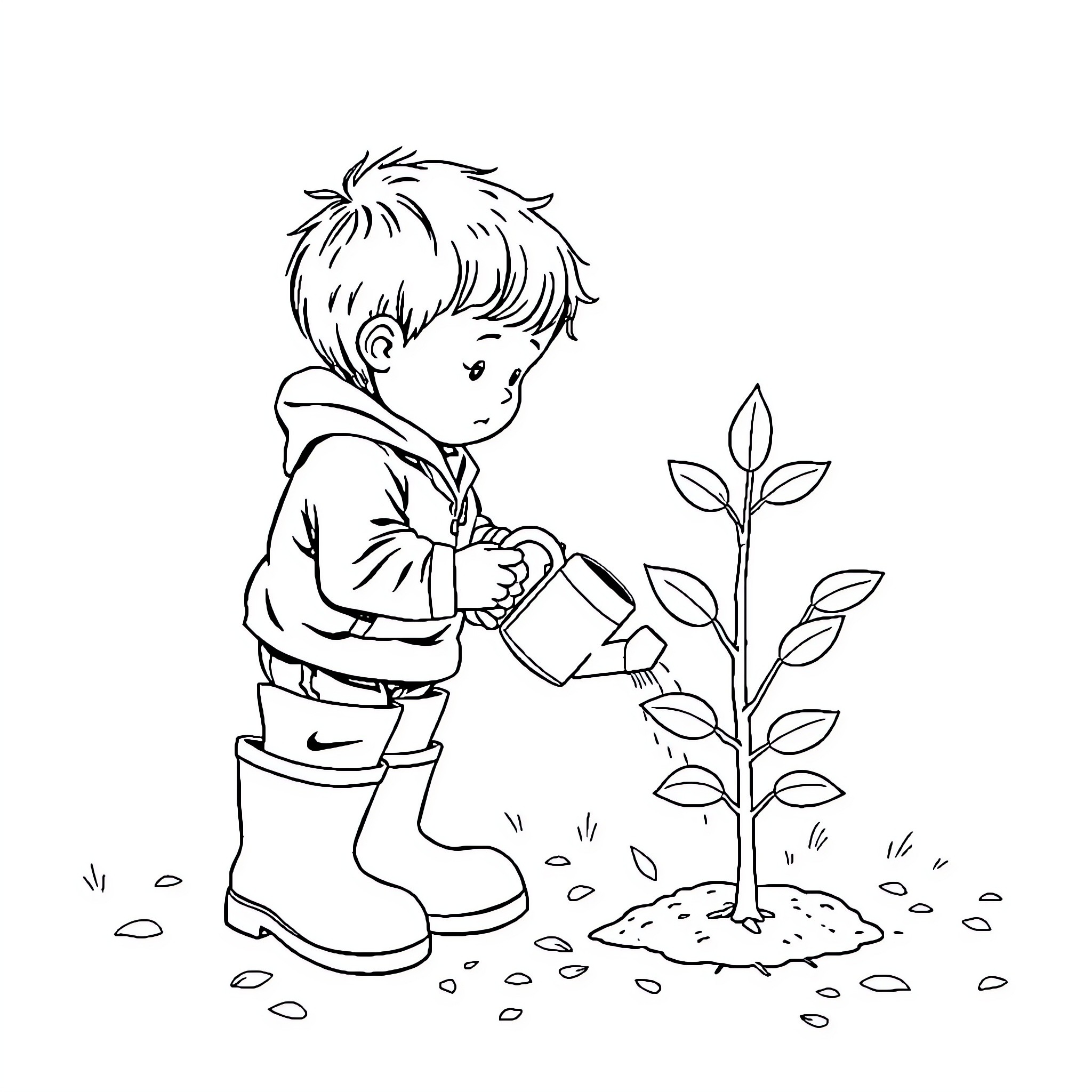 Child gardening and watering plant Coloring Page (free black-and-white line drawing printable PDF for all, from beginners to advanced learners, including children, teens, adults, and seniors)