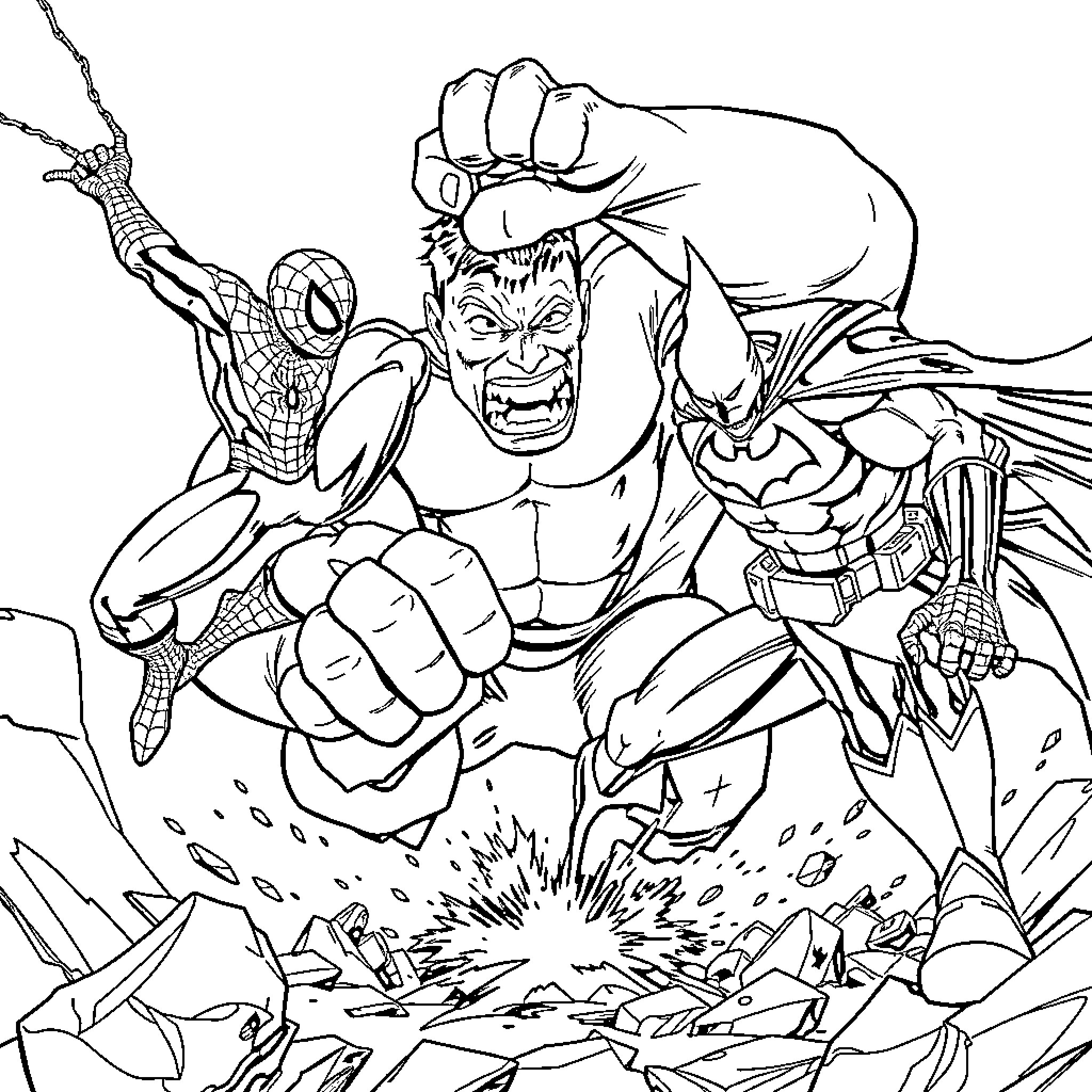 Superhero battle scene with intense action and expressions Coloring Page (free black-and-white line drawing printable PDF for all, from beginners to advanced learners, including children, teens, adults, and seniors)