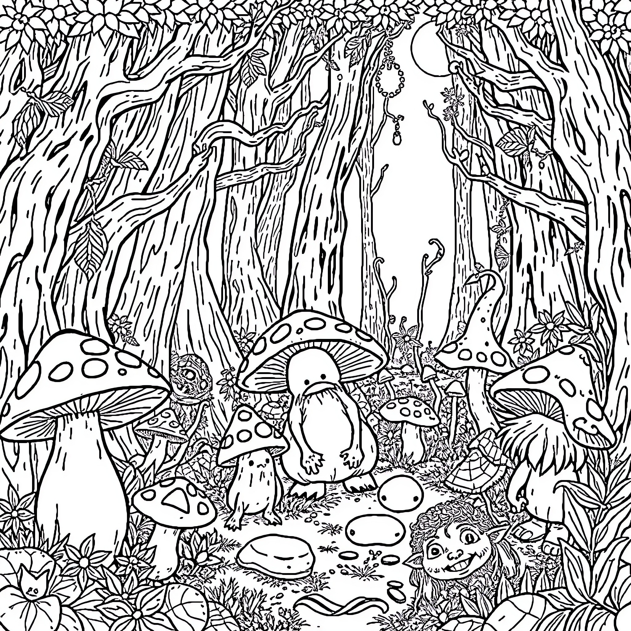 Mushroom characters in a magical forest Coloring Page (free black-and-white line drawing printable PDF for all, from beginners to advanced learners, including children, teens, adults, and seniors)