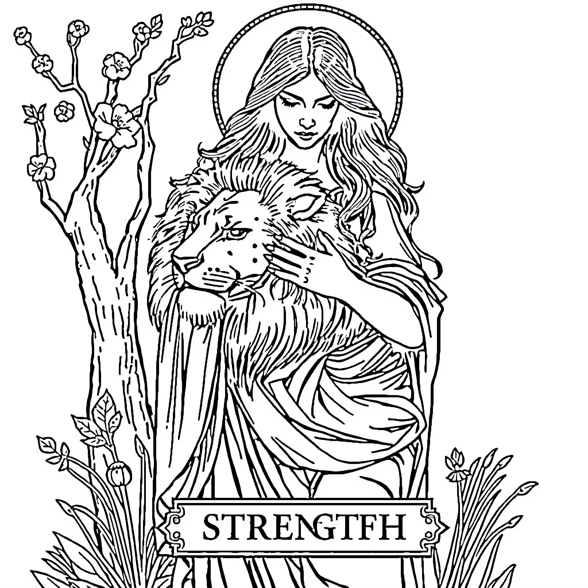 Tarot Card Depicting Woman with Lion Coloring Page (free black-and-white line drawing printable PDF for all, from beginners to advanced learners, including children, teens, adults, and seniors)