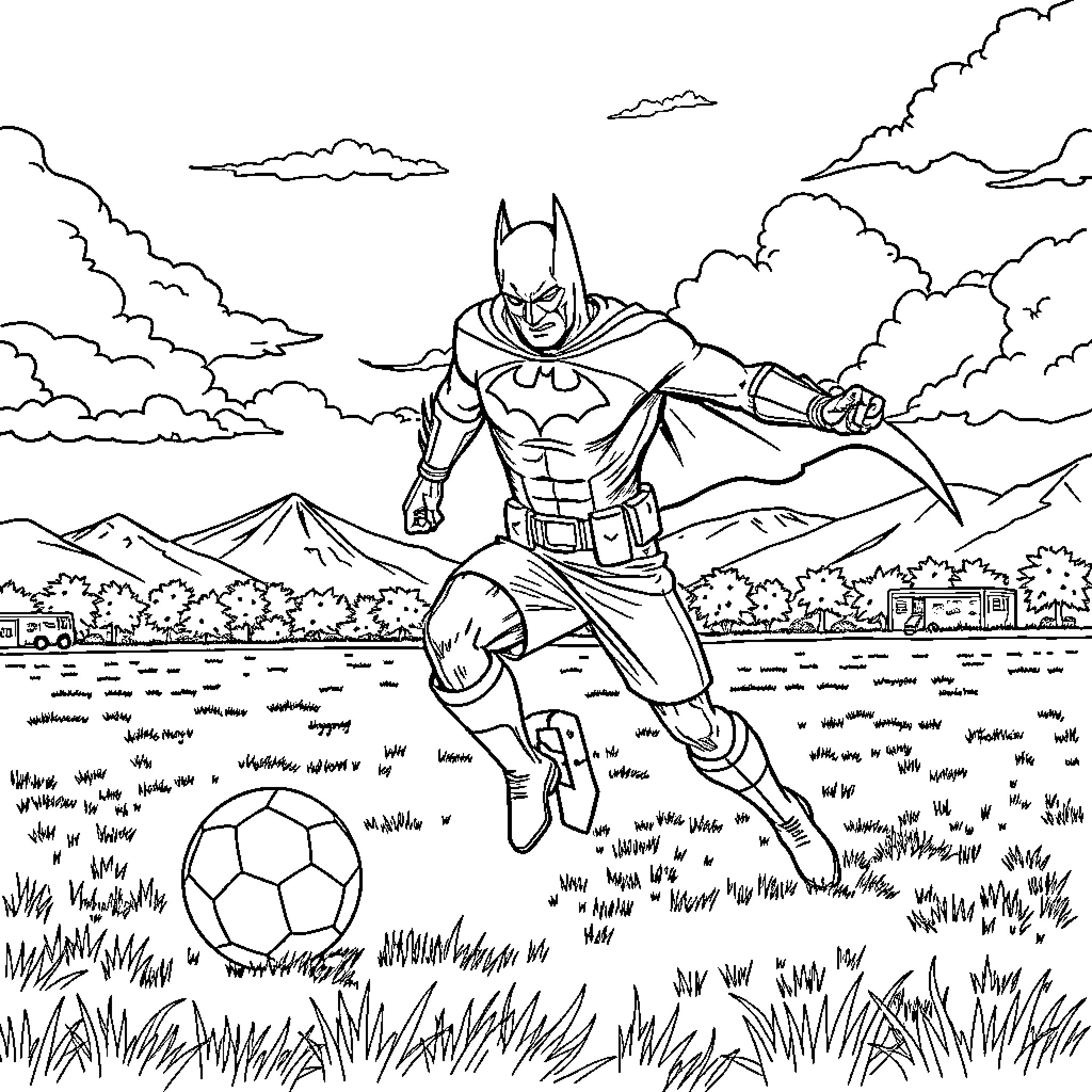 Batman playing with soccer ball in the countryside Coloring Page (free black-and-white line drawing printable PDF for all, from beginners to advanced learners, including children, teens, adults, and seniors)