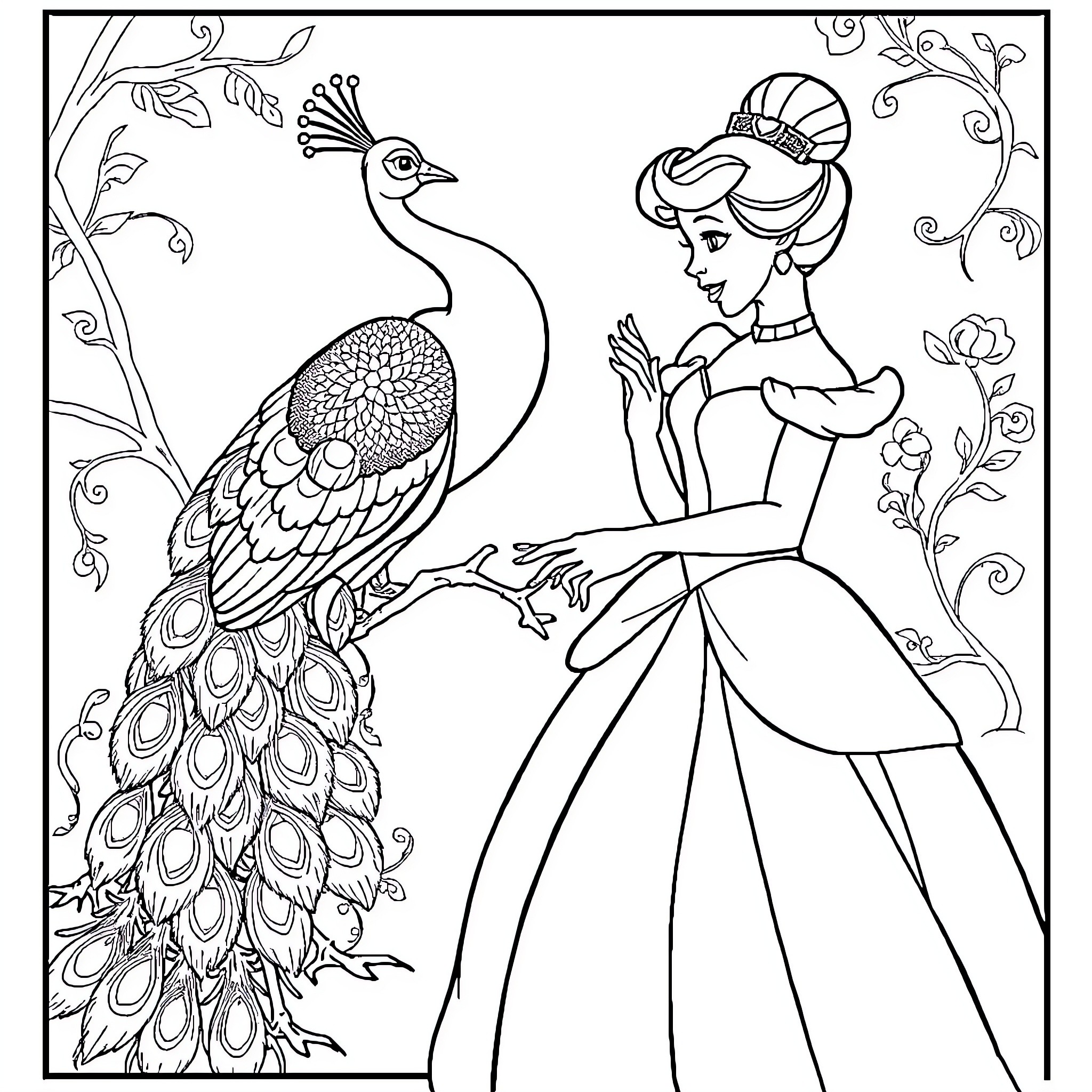 Cinderella and the Majestic Peacock in the Garden Coloring Page (free black-and-white line drawing printable PDF for all, from beginners to advanced learners, including children, teens, adults, and seniors)