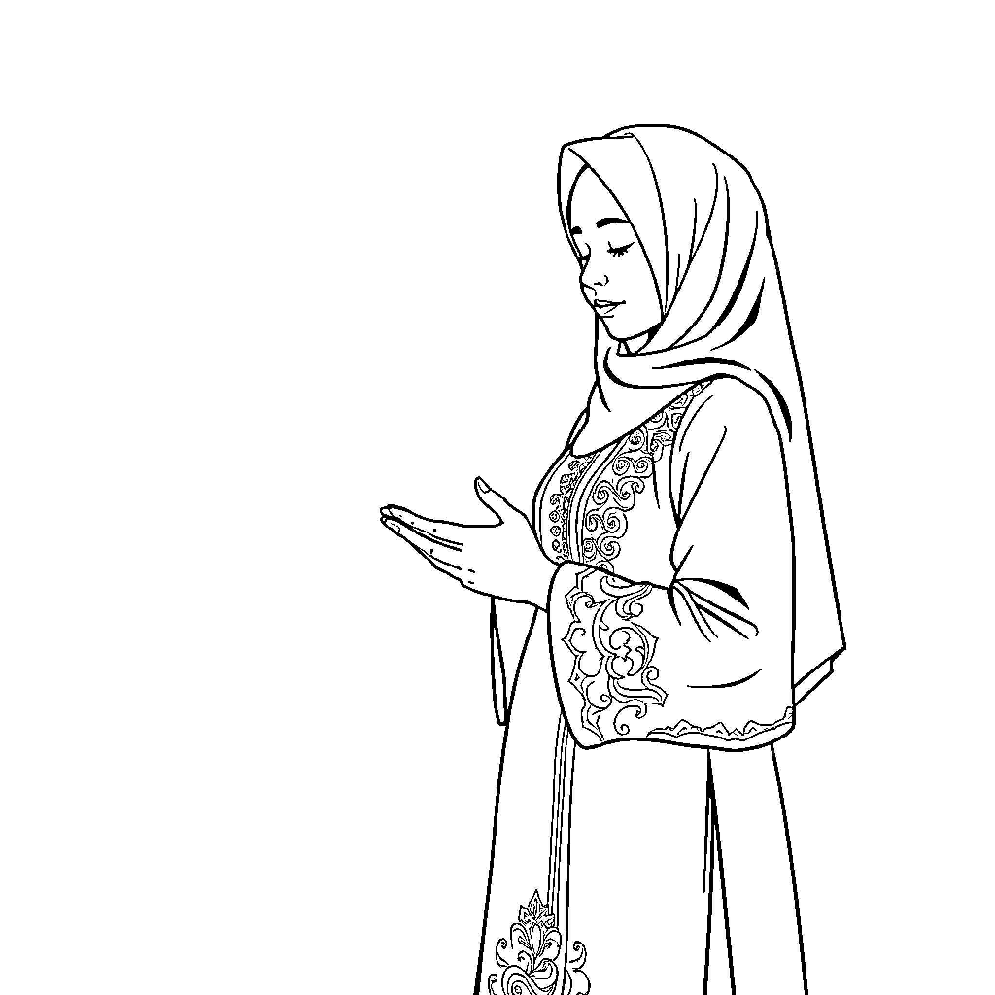 Anak Perempuan praying in traditional clothing Coloring Page (free black-and-white line drawing printable PDF for all, from beginners to advanced learners, including children, teens, adults, and seniors)