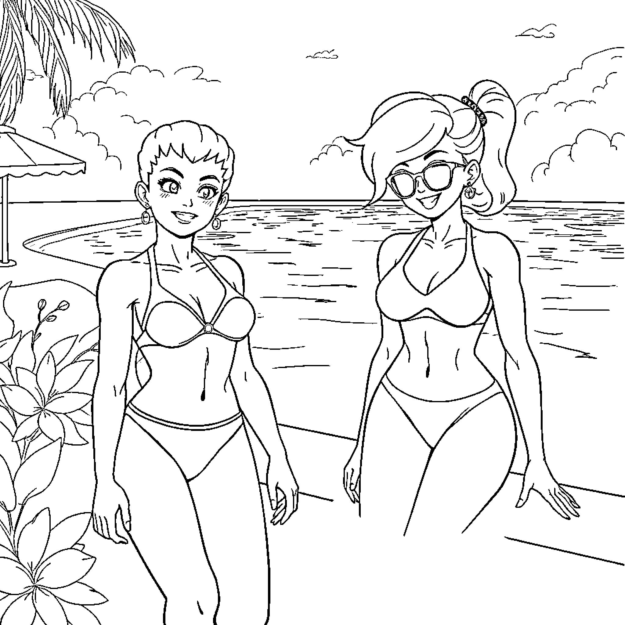 Femme Enjoying Summer Beach Scene Coloring Page (free black-and-white line drawing printable PDF for all, from beginners to advanced learners, including children, teens, adults, and seniors)