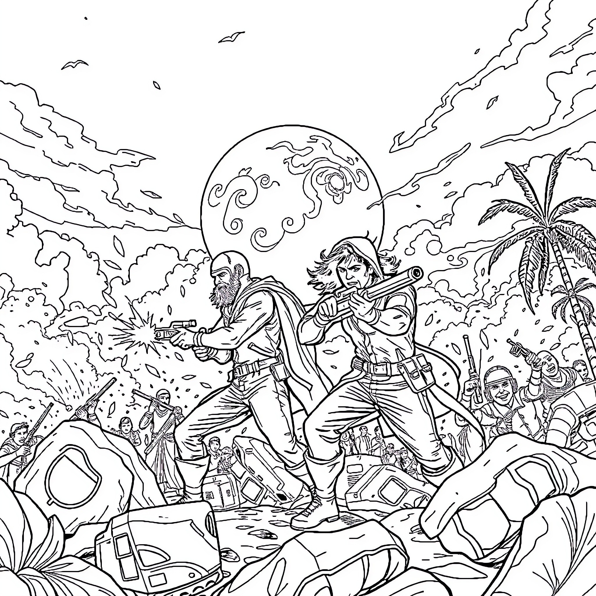 Juego de combate en un entorno tropical Coloring Page (free black-and-white line drawing printable PDF for all, from beginners to advanced learners, including children, teens, adults, and seniors)