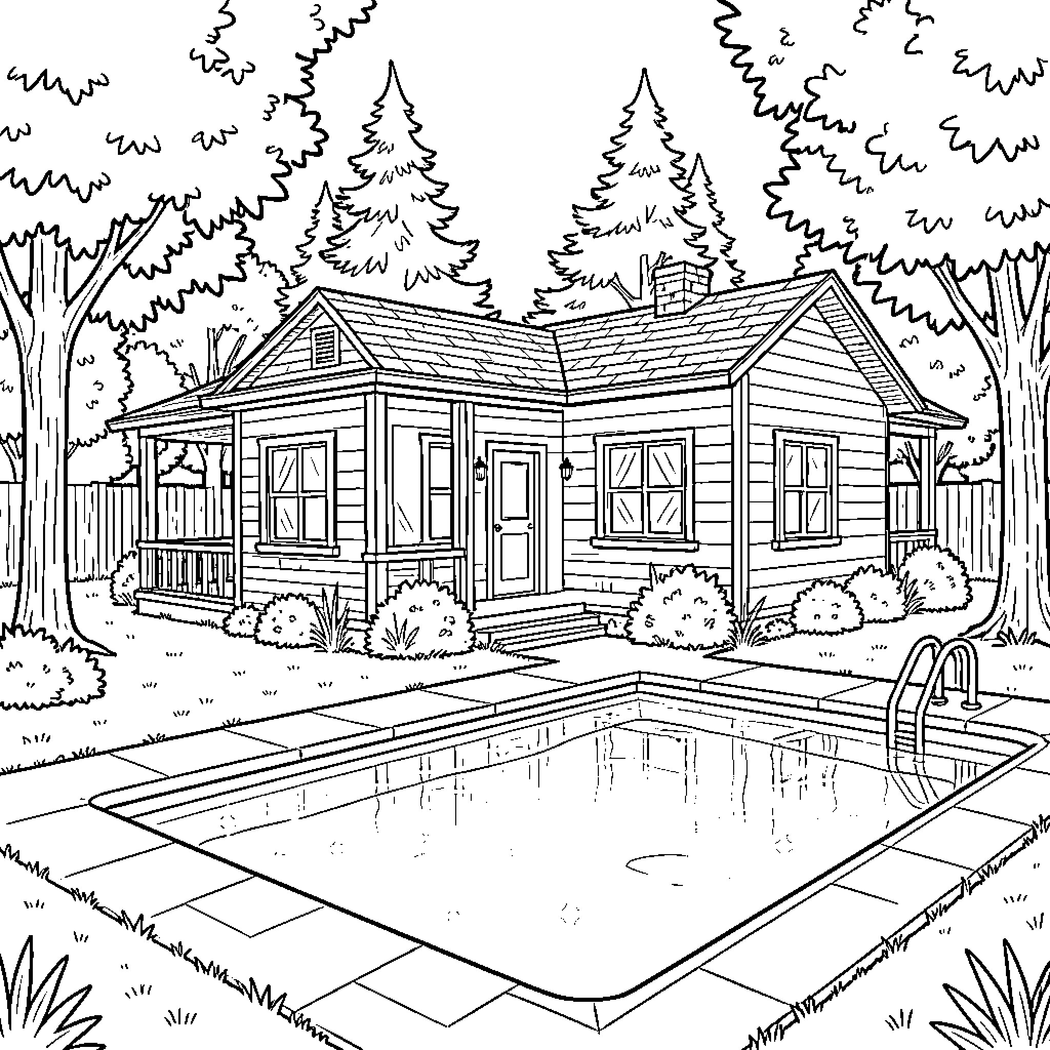Bungalow with pool by the forest Coloring Page (free black-and-white line drawing printable PDF for all, from beginners to advanced learners, including children, teens, adults, and seniors)