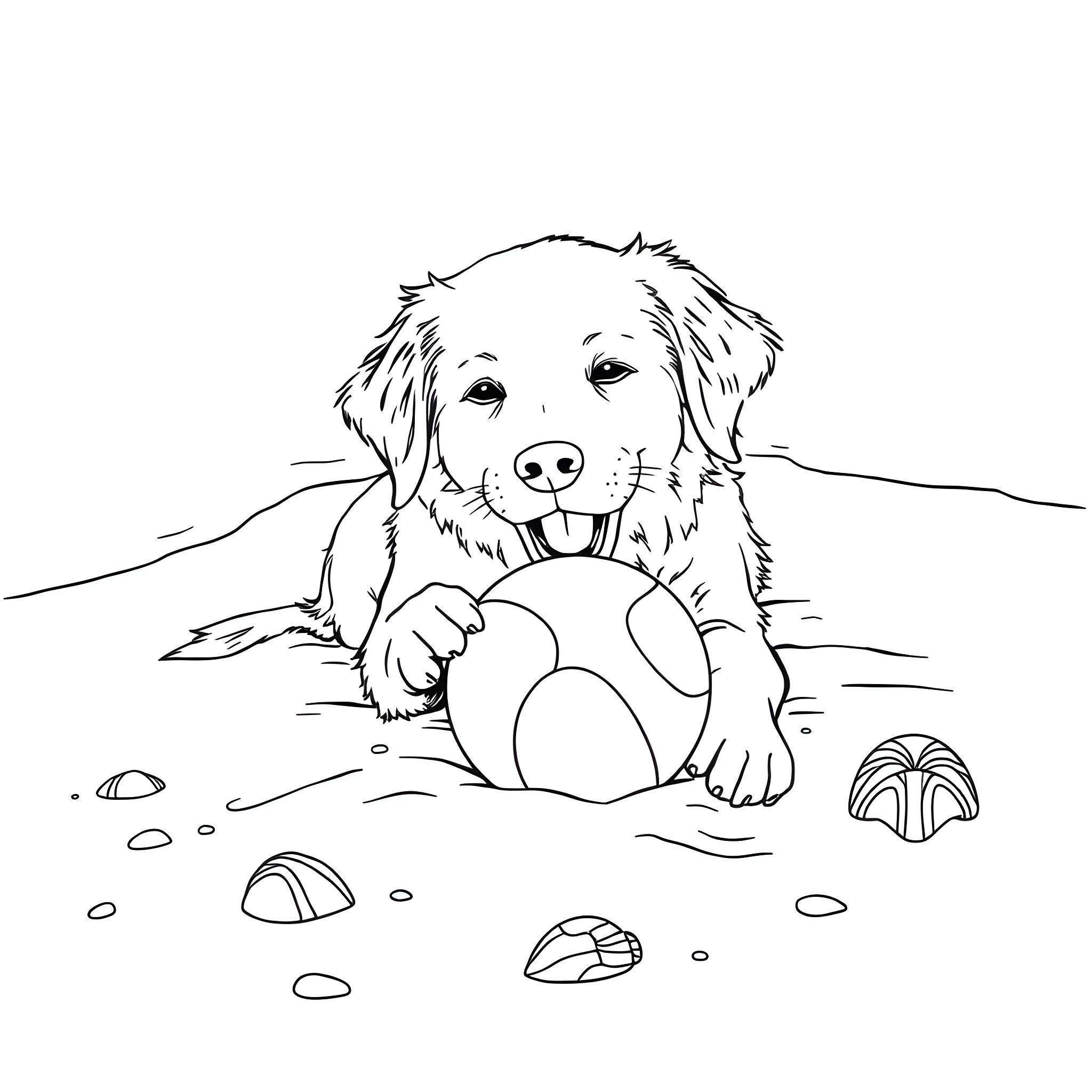 Golden Retriever playing happily on the beach Coloring Page (free black-and-white line drawing printable PDF for all, from beginners to advanced learners, including children, teens, adults, and seniors)