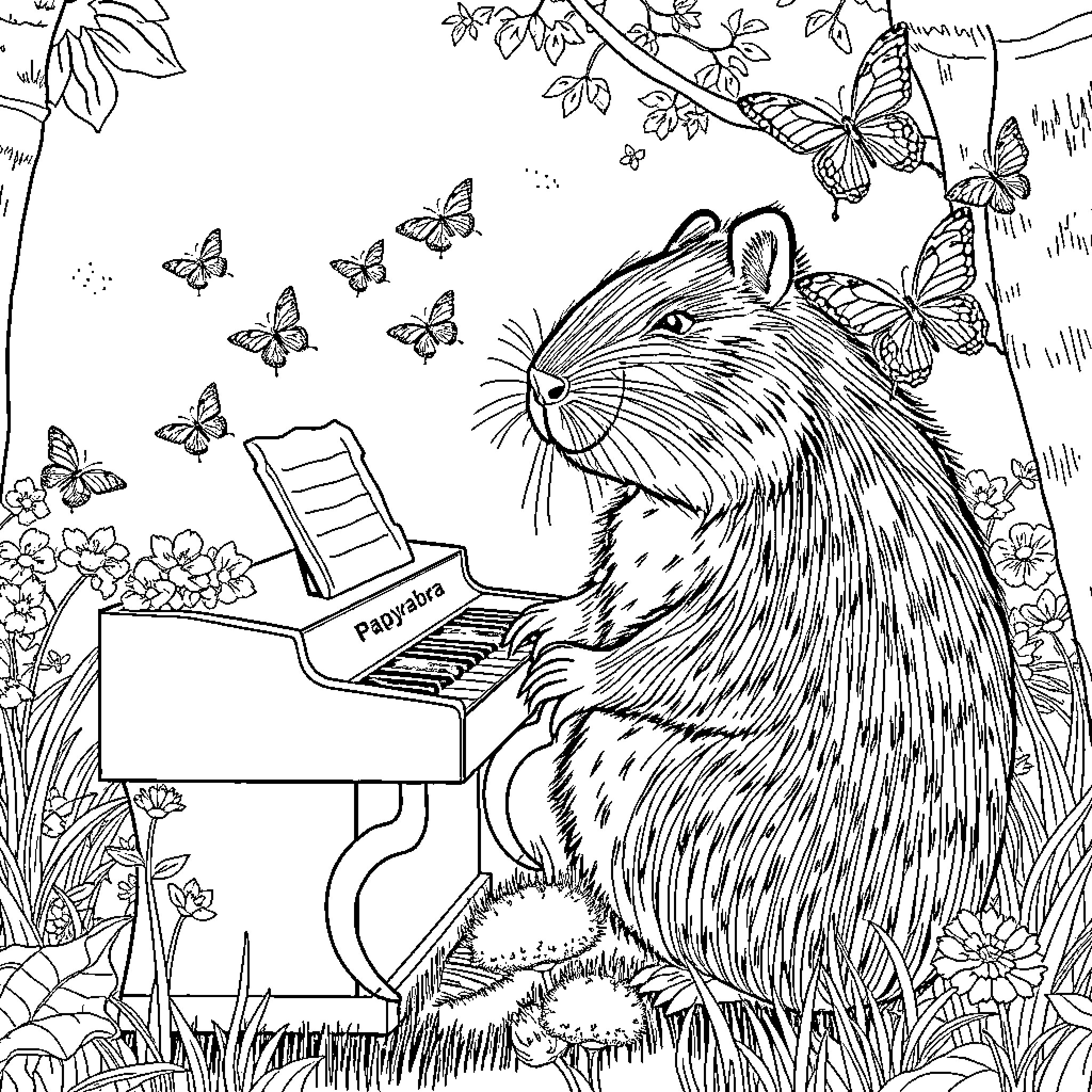 Capybara playing piano amidst butterflies and nature Coloring Page (free black-and-white line drawing printable PDF for all, from beginners to advanced learners, including children, teens, adults, and seniors)