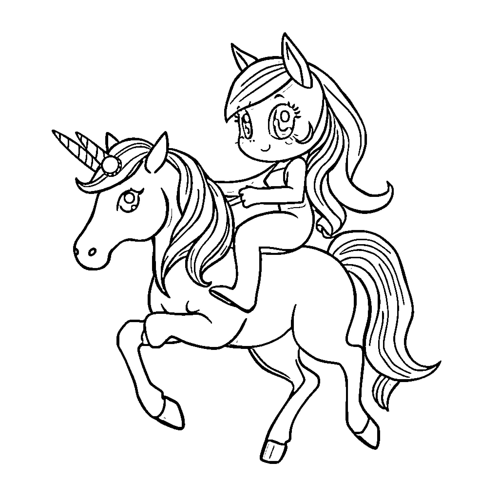 Bluey riding a unicorn playfully Coloring Page (free black-and-white line drawing printable PDF for all, from beginners to advanced learners, including children, teens, adults, and seniors)