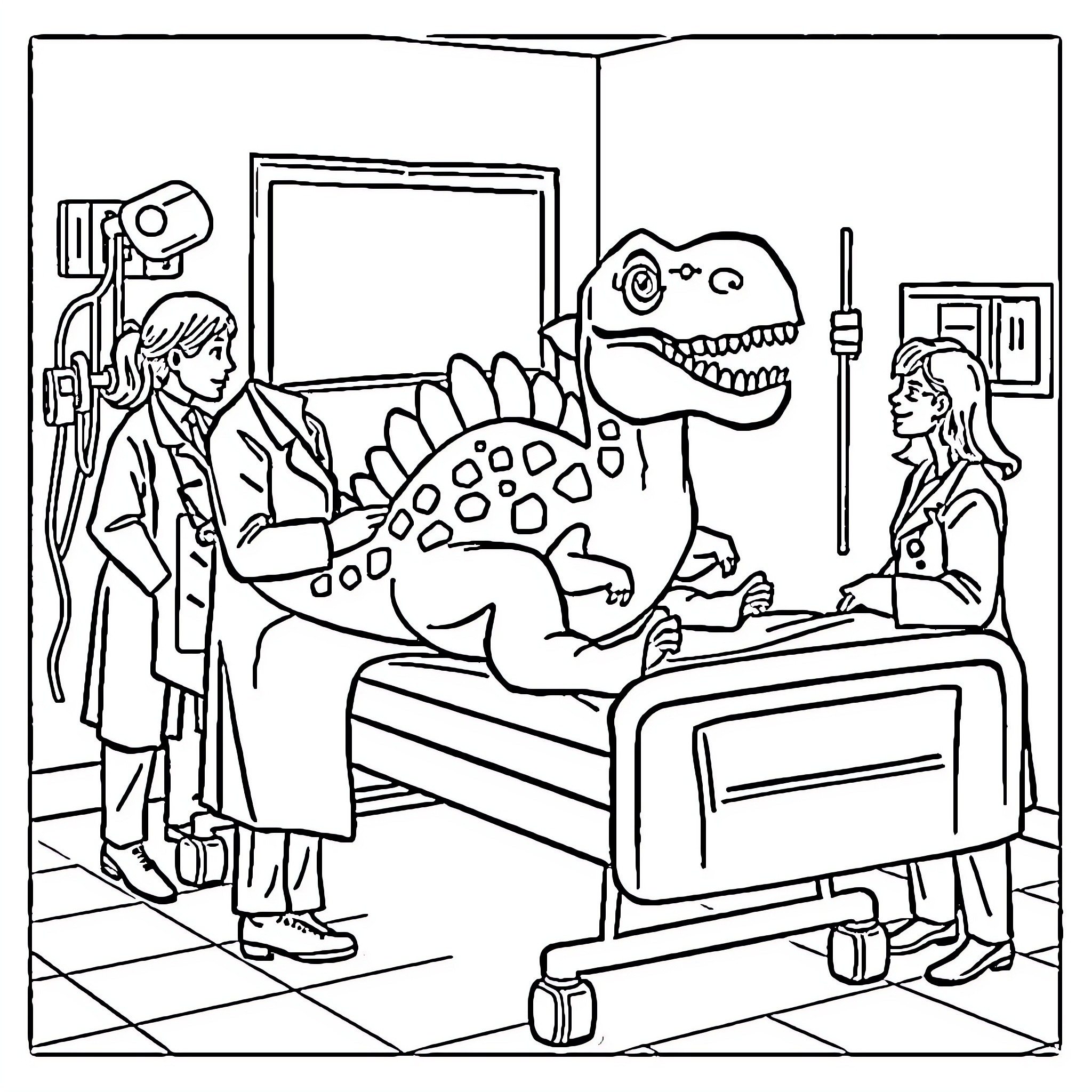 Dinosaur receiving medical treatment in the hospital Coloring Page (free black-and-white line drawing printable PDF for all, from beginners to advanced learners, including children, teens, adults, and seniors)