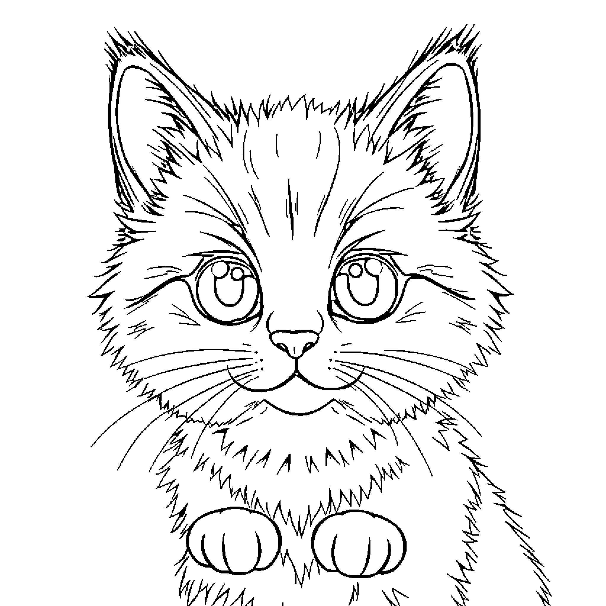 Cat with big eyes and fluffy fur Coloring Page (free black-and-white line drawing printable PDF for all, from beginners to advanced learners, including children, teens, adults, and seniors)