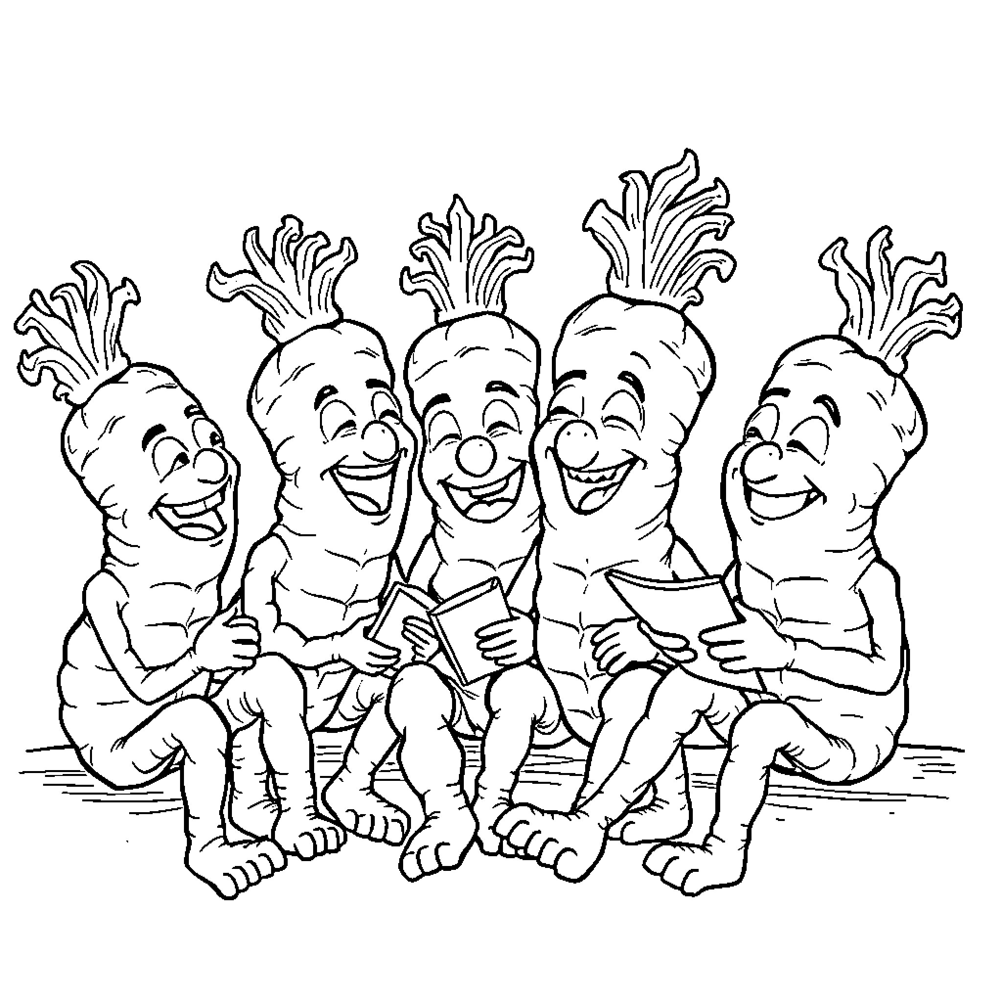 Brainrot - Laughing Radish Friends Coloring Page (free black-and-white line drawing printable PDF for all, from beginners to advanced learners, including children, teens, adults, and seniors)