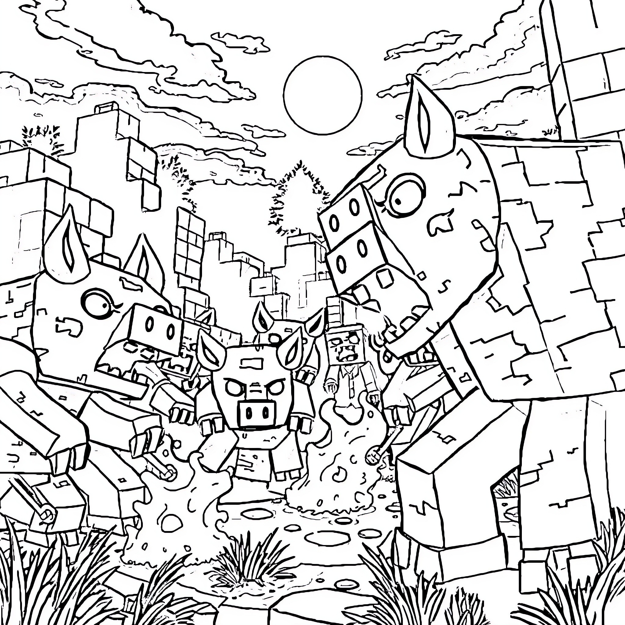 Zombie Pig attacking city with rocket launcher Coloring Page (free black-and-white line drawing printable PDF for all, from beginners to advanced learners, including children, teens, adults, and seniors)