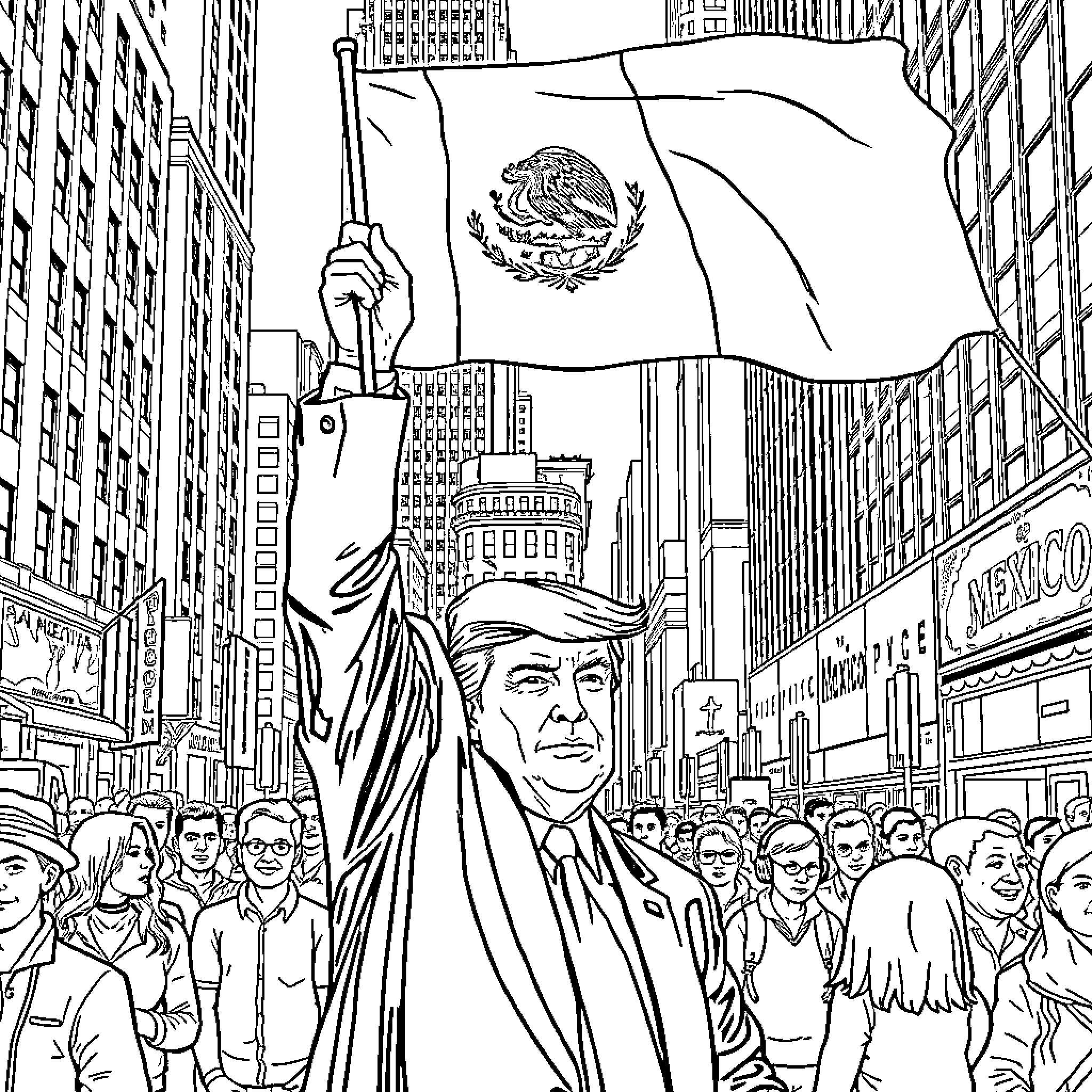 Donald Trump Holding Mexican Flag in Crowded City Coloring Page (free black-and-white line drawing printable PDF for all, from beginners to advanced learners, including children, teens, adults, and seniors)