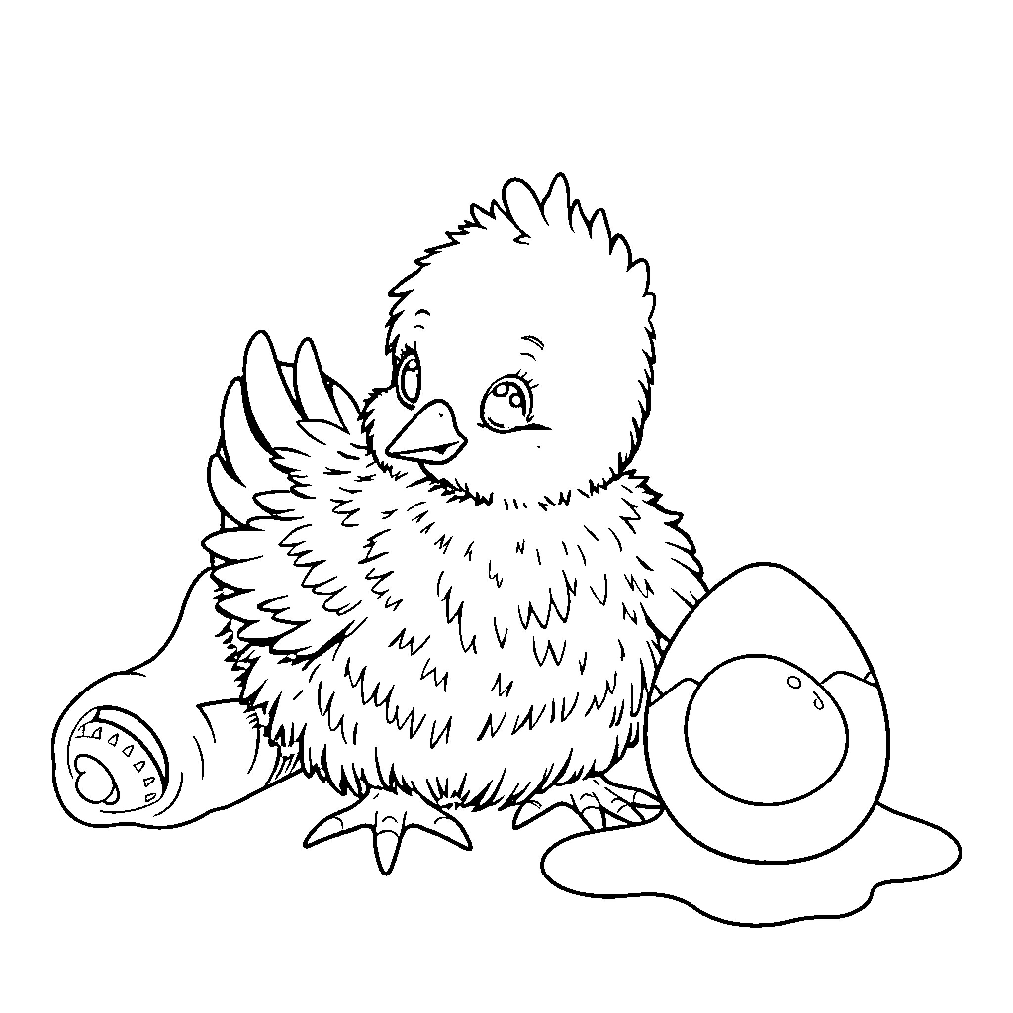 Chick playing with eggs in black and white Coloring Page (free black-and-white line drawing printable PDF for all, from beginners to advanced learners, including children, teens, adults, and seniors)