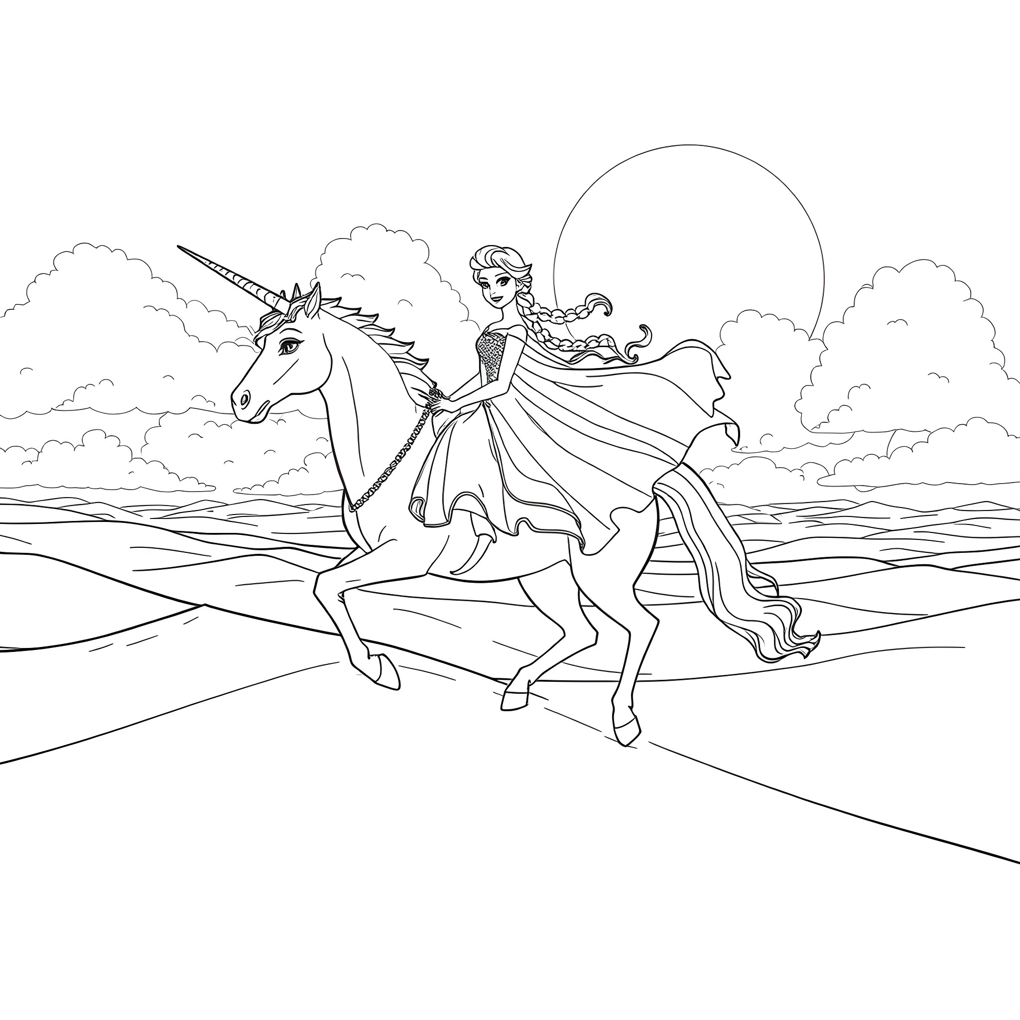 Elsa riding a unicorn through a magical landscape Coloring Page (free black-and-white line drawing printable PDF for all, from beginners to advanced learners, including children, teens, adults, and seniors)