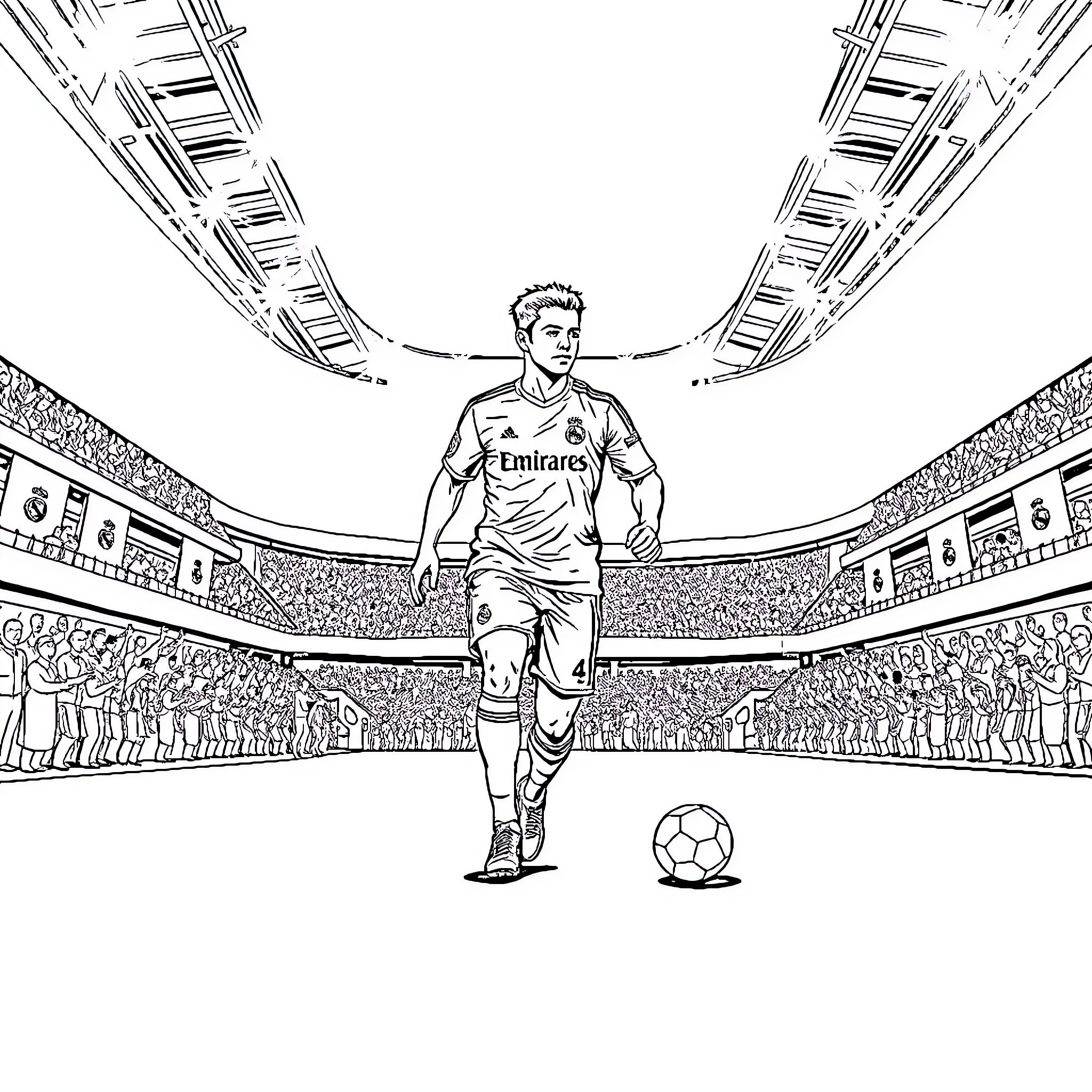 Footballeur standing in the stadium Coloring Page (free black-and-white line drawing printable PDF for all, from beginners to advanced learners, including children, teens, adults, and seniors)
