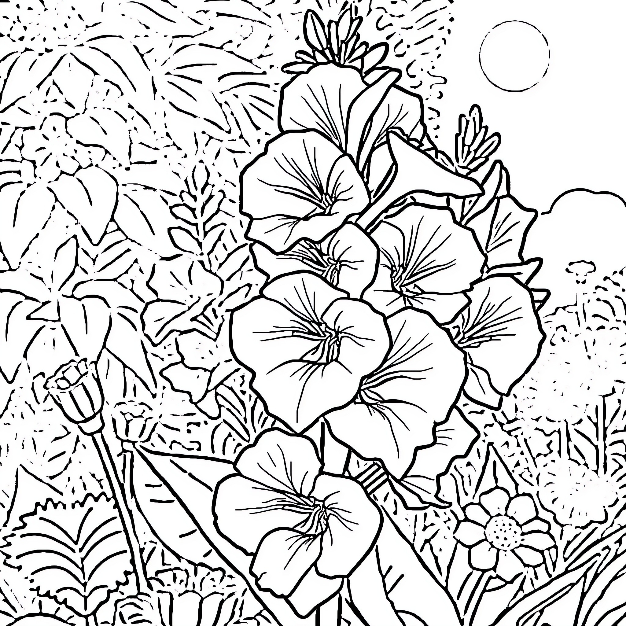 Snapdragon Flowers in Blooming Garden Coloring Page (free black-and-white line drawing printable PDF for all, from beginners to advanced learners, including children, teens, adults, and seniors)