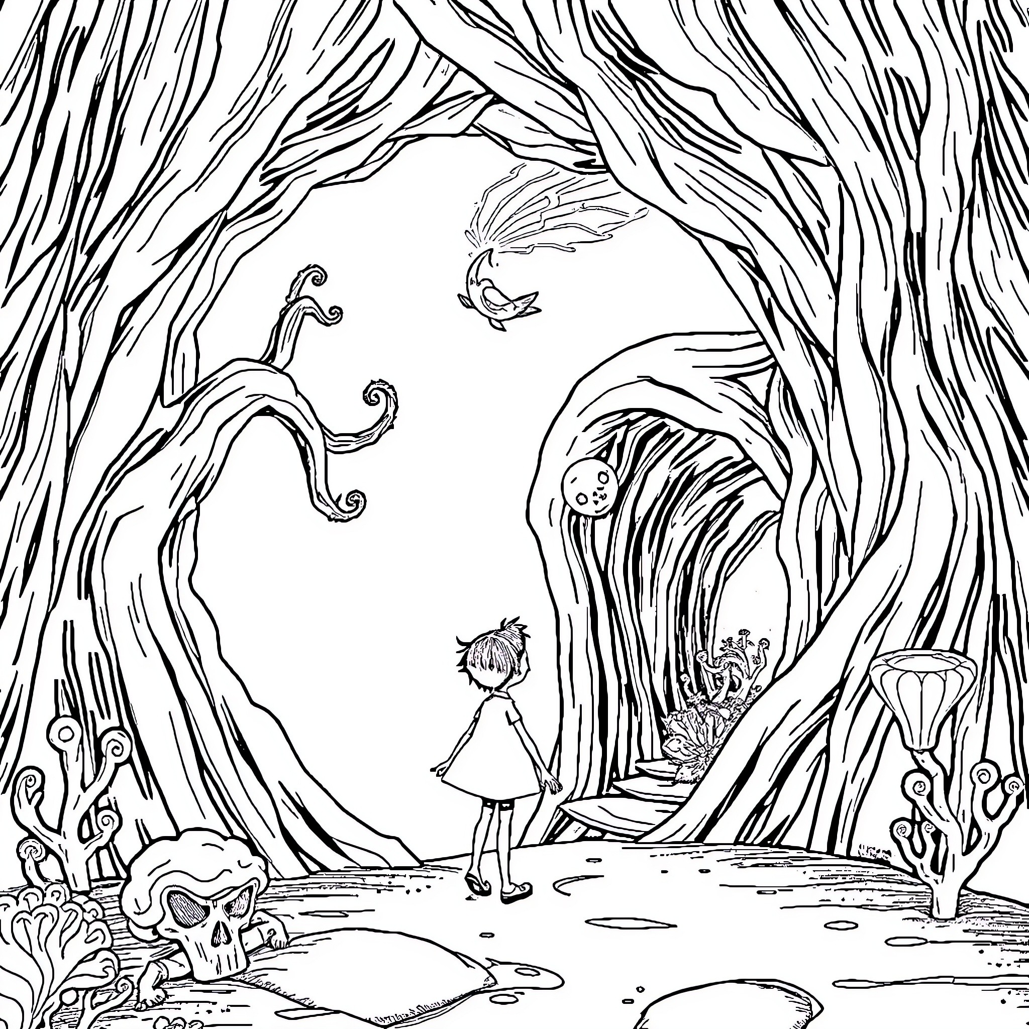 Coraline's Enchanted Journey through a Magical Forest Coloring Page (free black-and-white line drawing printable PDF for all, from beginners to advanced learners, including children, teens, adults, and seniors)