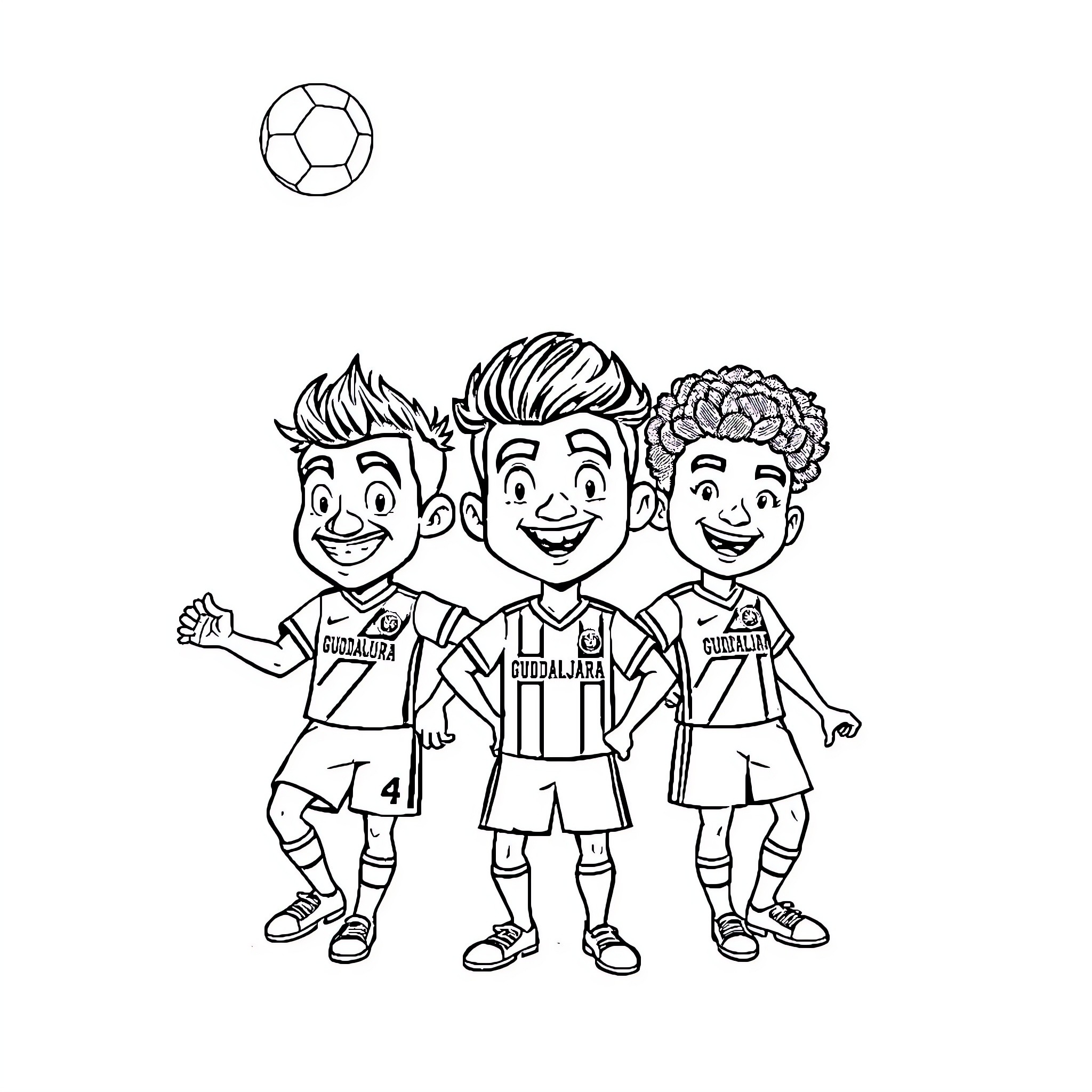 Chiva: Trio of cheerful soccer players Coloring Page (free black-and-white line drawing printable PDF for all, from beginners to advanced learners, including children, teens, adults, and seniors)