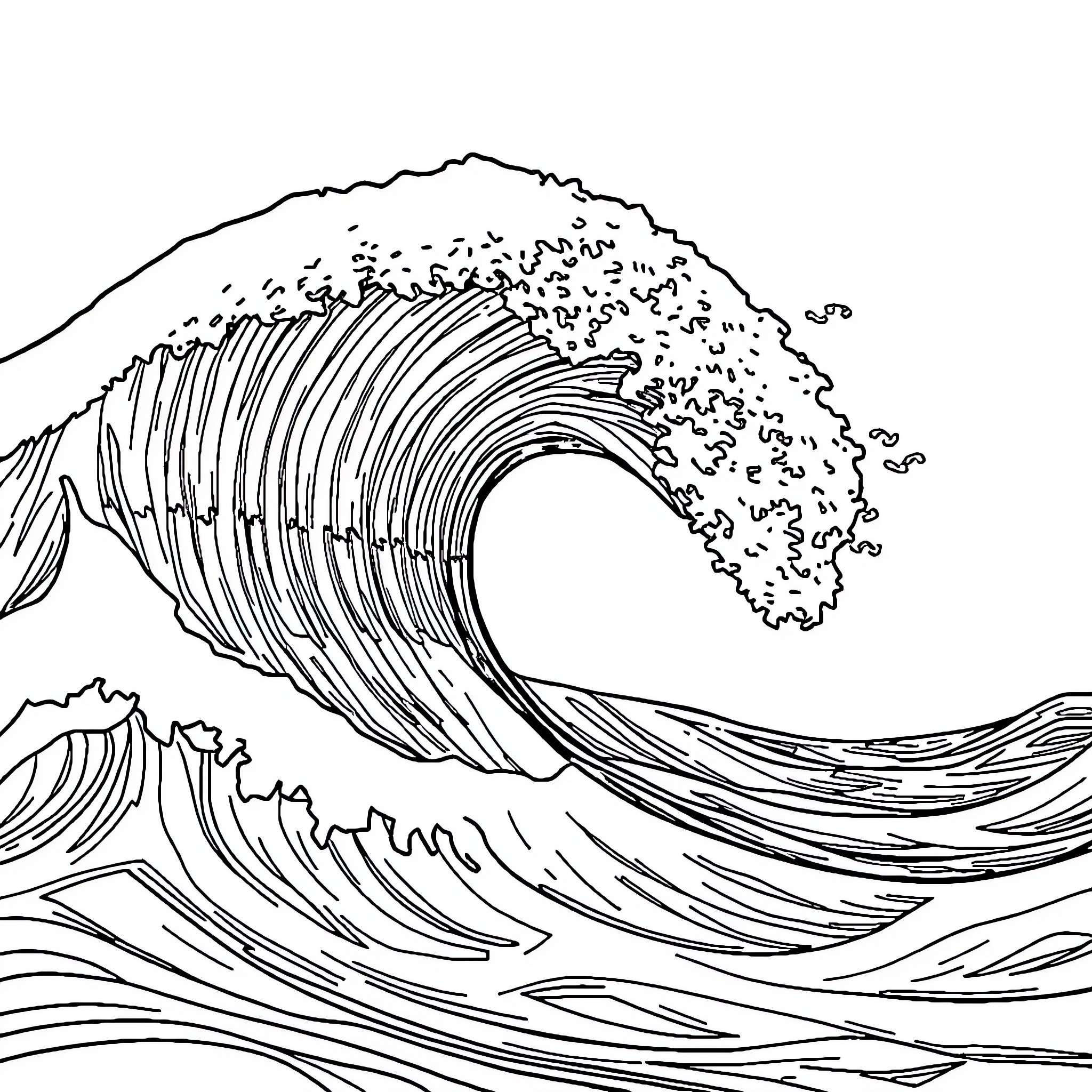 Wave crashing with powerful force Coloring Page (free black-and-white line drawing printable PDF for all, from beginners to advanced learners, including children, teens, adults, and seniors)