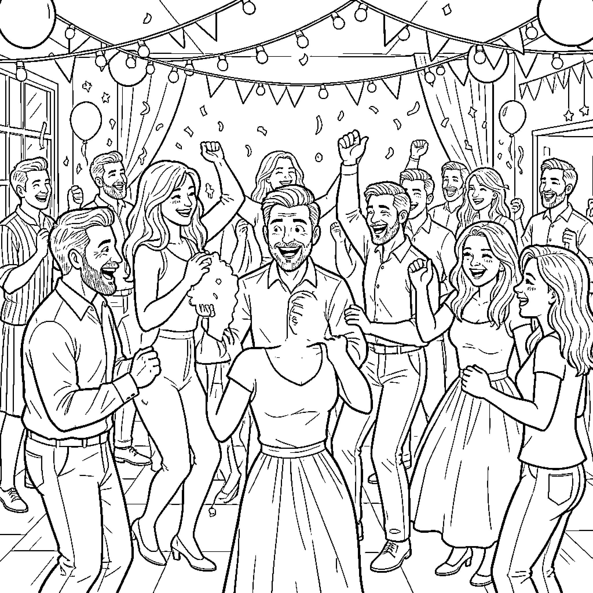 Dance at a Festive Celebration Coloring Page (free black-and-white line drawing printable PDF for all, from beginners to advanced learners, including children, teens, adults, and seniors)