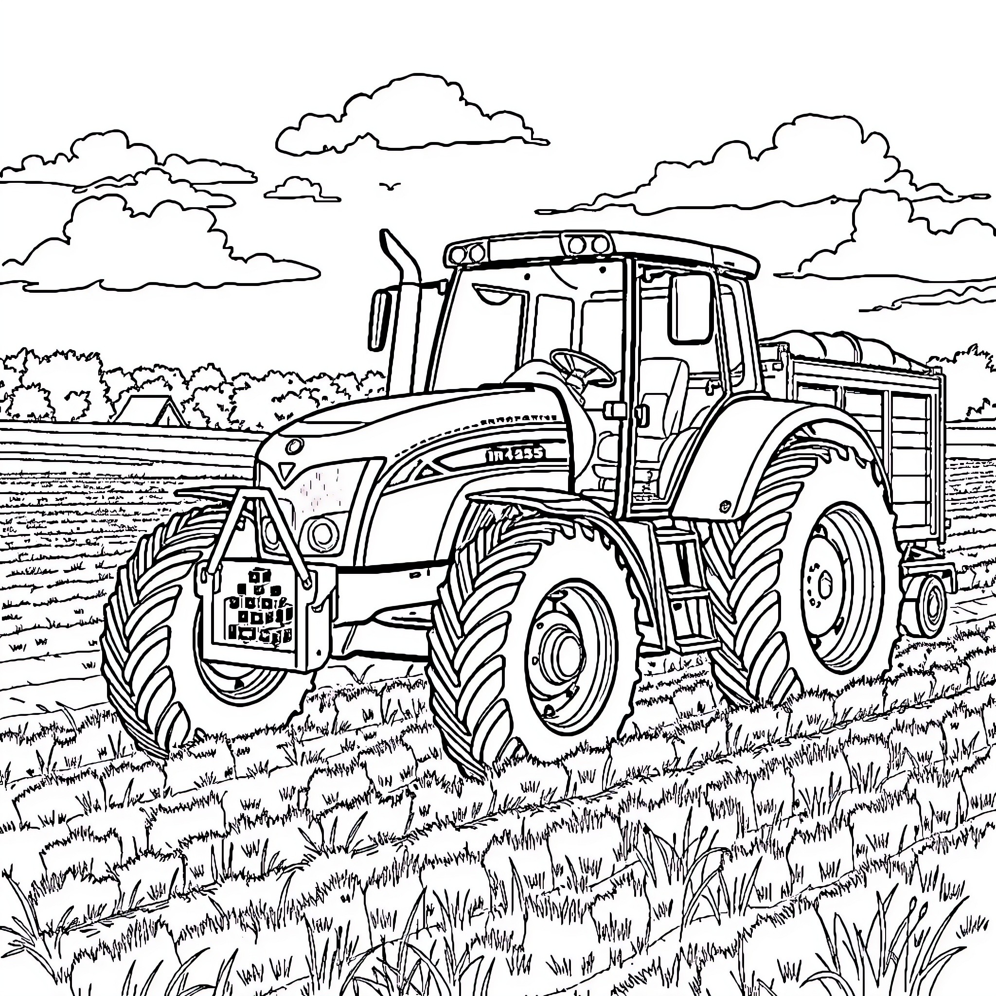 IHC 1455 Tractor in the Field Coloring Page (free black-and-white line drawing printable PDF for all, from beginners to advanced learners, including children, teens, adults, and seniors)