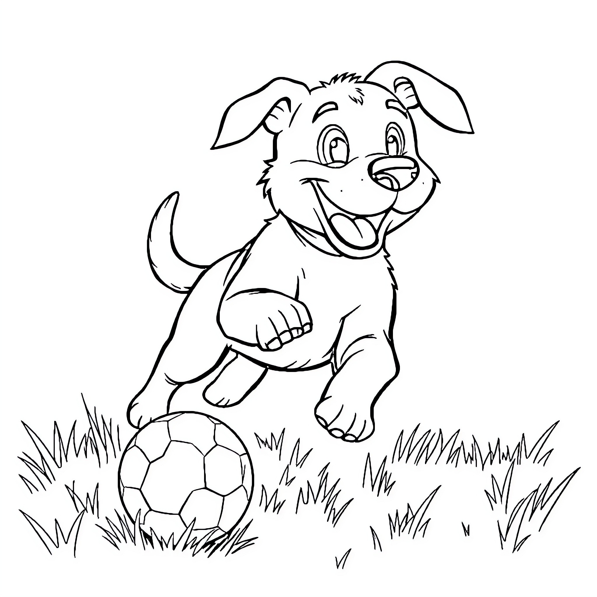 Dog playing happily with soccer ball in the park Coloring Page (free black-and-white line drawing printable PDF for all, from beginners to advanced learners, including children, teens, adults, and seniors)