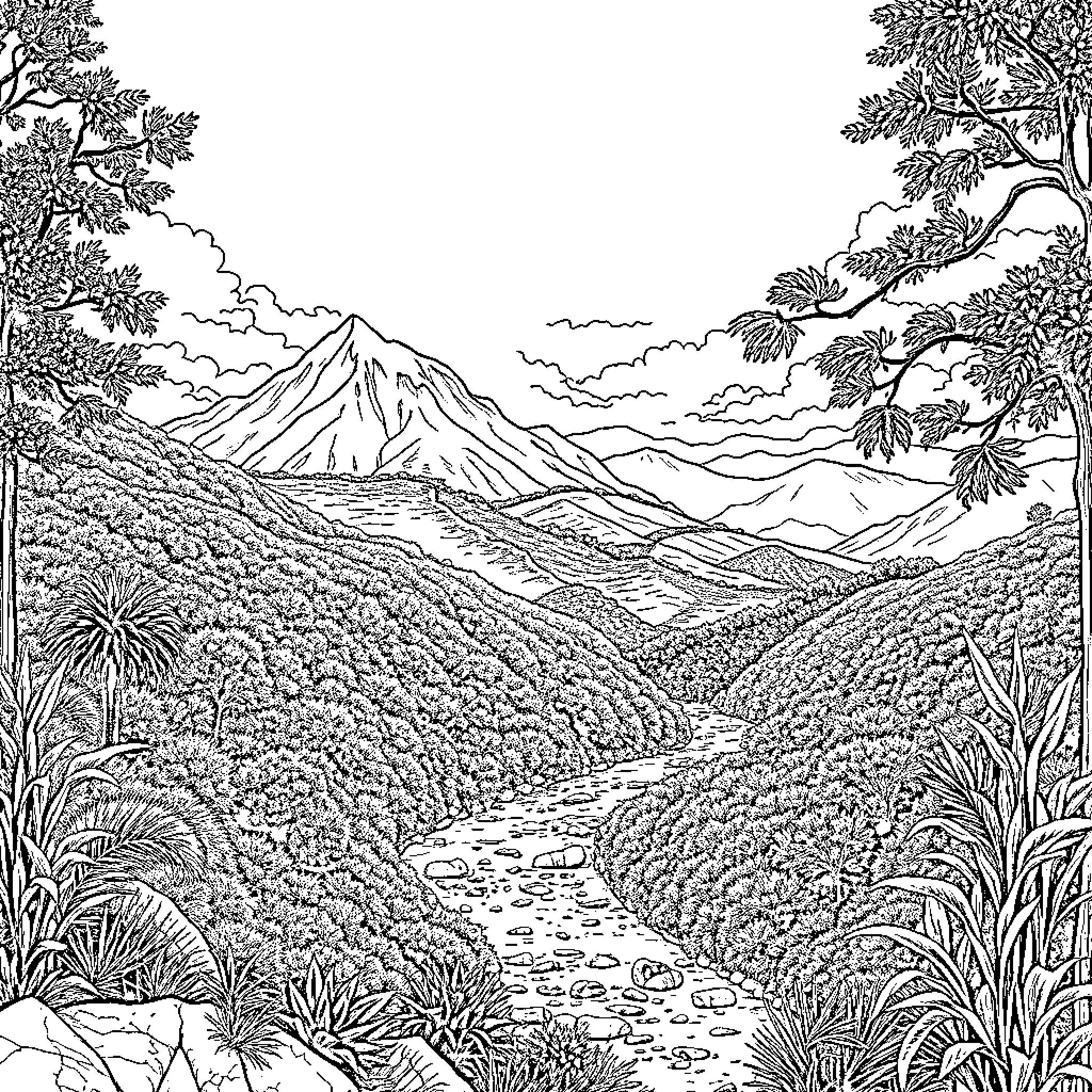 Tolima: Tranquil Mountain Landscape Coloring Page (free black-and-white line drawing printable PDF for all, from beginners to advanced learners, including children, teens, adults, and seniors)
