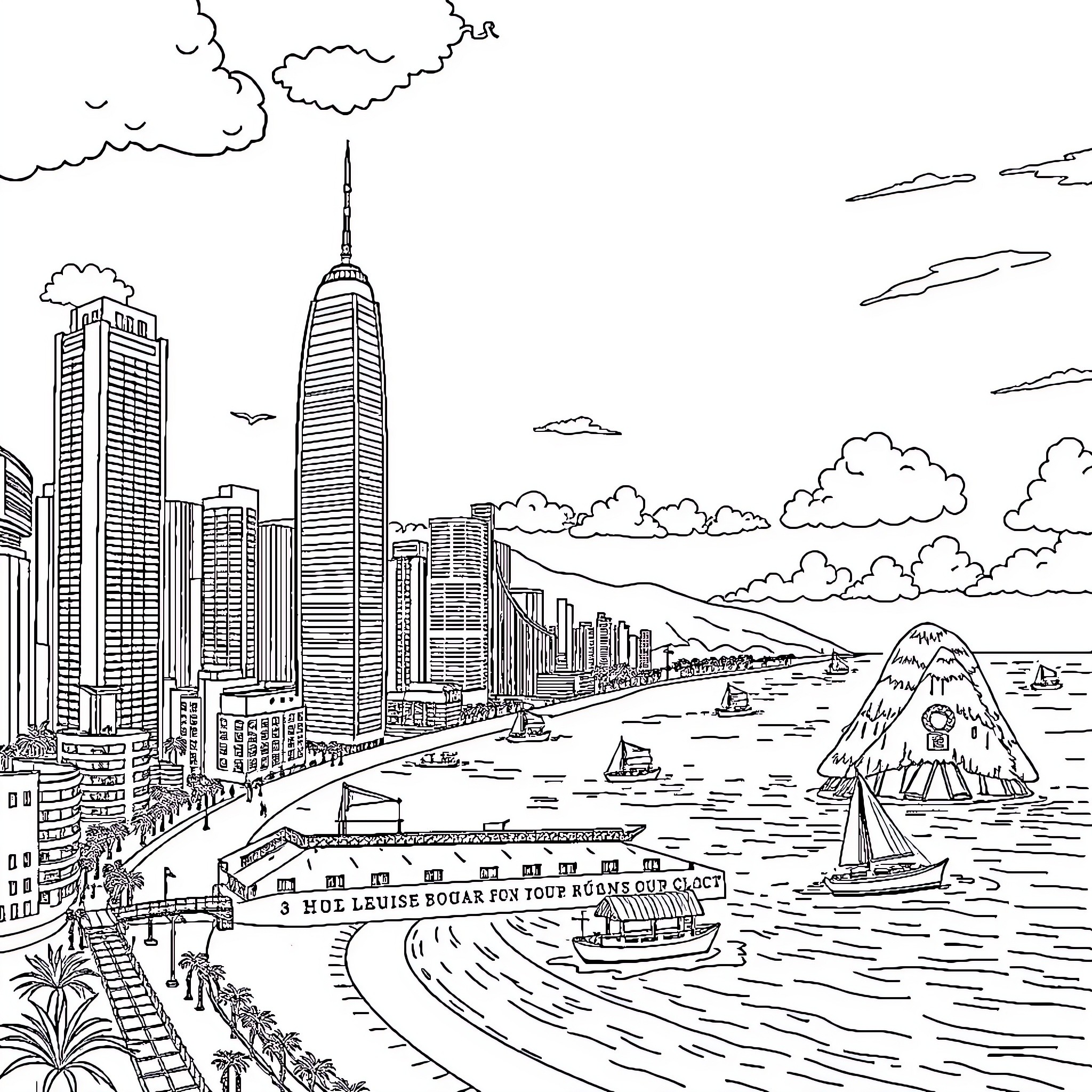 Hong Kong cityscape with harbor and boats Coloring Page (free black-and-white line drawing printable PDF for all, from beginners to advanced learners, including children, teens, adults, and seniors)