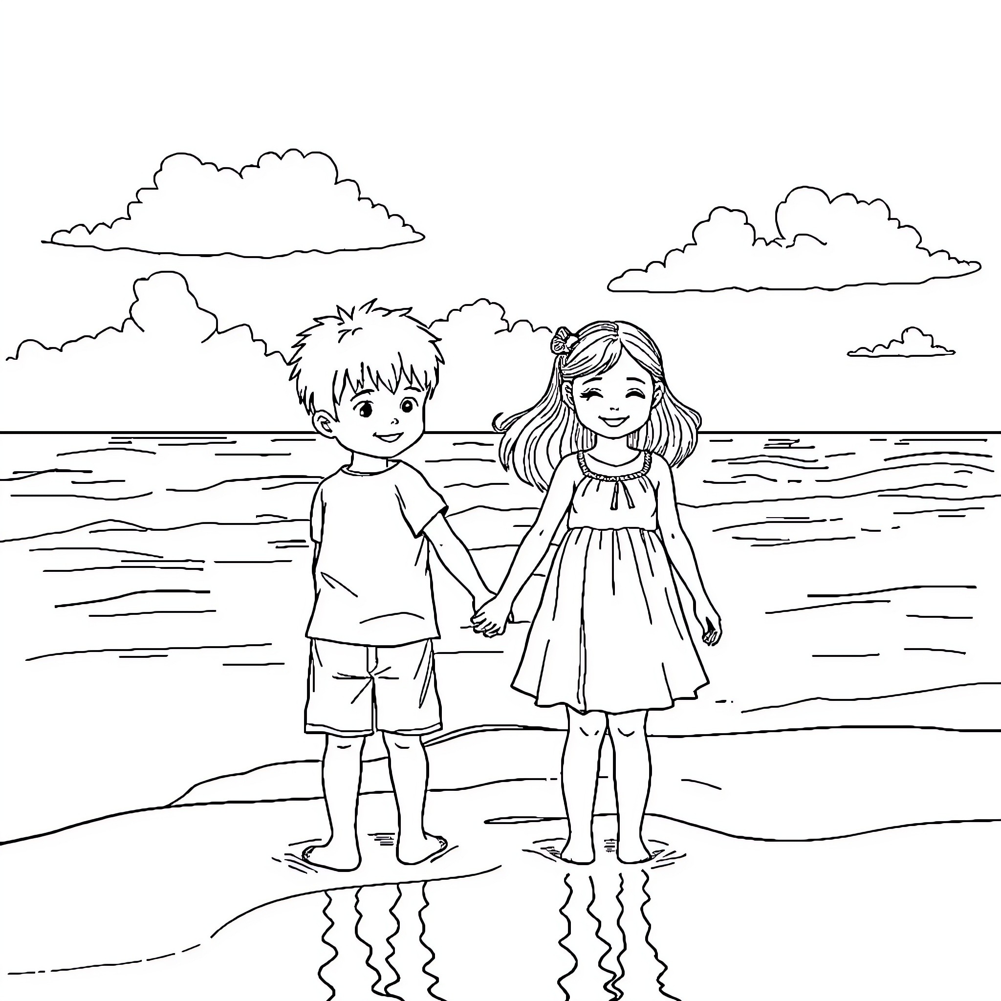 Child friends playing by the beach Coloring Page (free black-and-white line drawing printable PDF for all, from beginners to advanced learners, including children, teens, adults, and seniors)