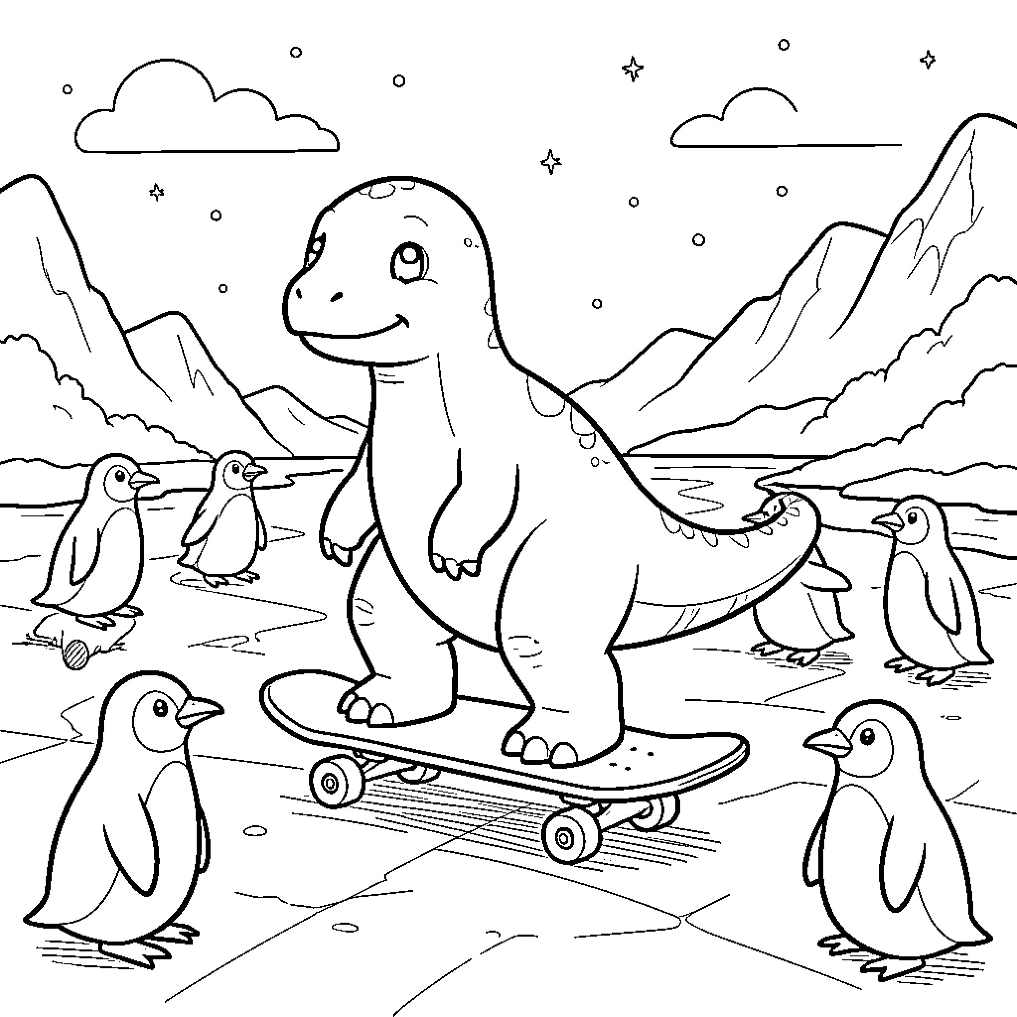 Dinosaur riding a skateboard among group of penguins Coloring Page (free black-and-white line drawing printable PDF for all, from beginners to advanced learners, including children, teens, adults, and seniors)