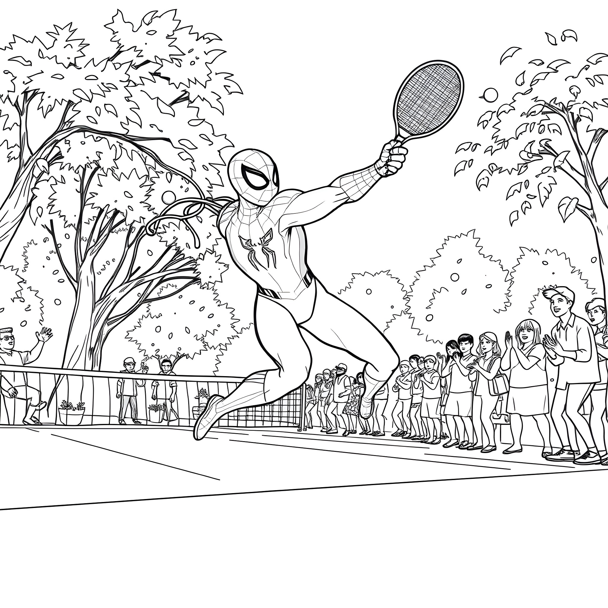 Spider-Man tennis match with spectators in park Coloring Page (free black-and-white line drawing printable PDF for all, from beginners to advanced learners, including children, teens, adults, and seniors)