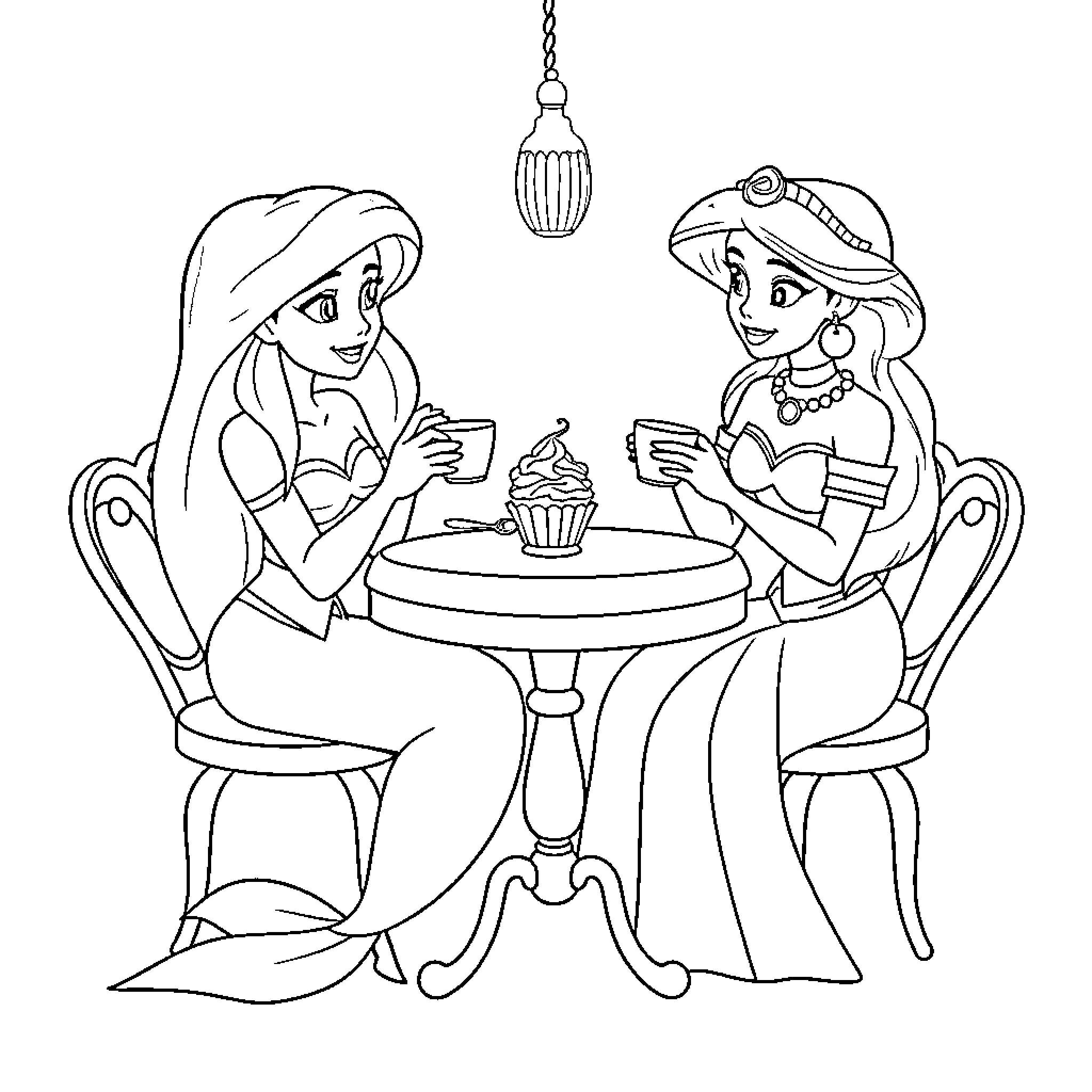 Ariel and Jasmine enjoying a friendly tea party Coloring Page (free black-and-white line drawing printable PDF for all, from beginners to advanced learners, including children, teens, adults, and seniors)
