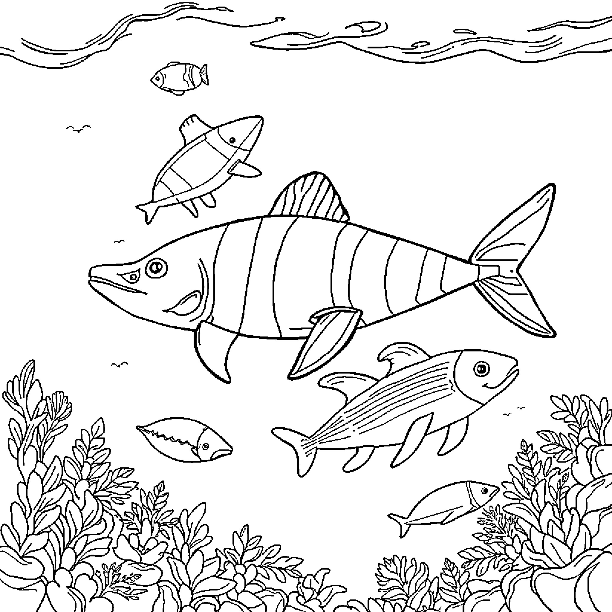Marine Animals Swimming in Underwater Seascape Coloring Page (free black-and-white line drawing printable PDF for all, from beginners to advanced learners, including children, teens, adults, and seniors)