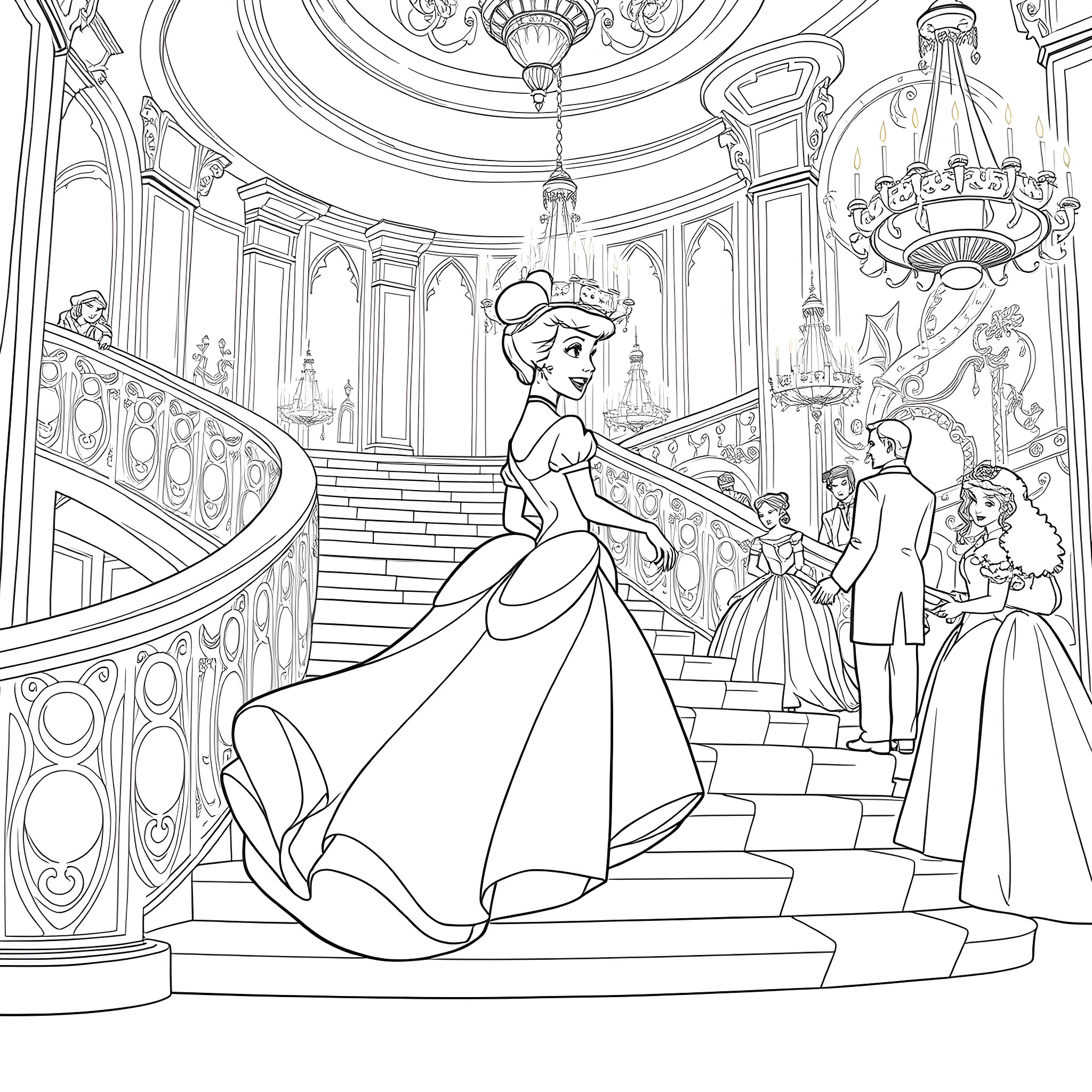 Cinderella's grand ball in a lavish palace Coloring Page (free black-and-white line drawing printable PDF for all, from beginners to advanced learners, including children, teens, adults, and seniors)