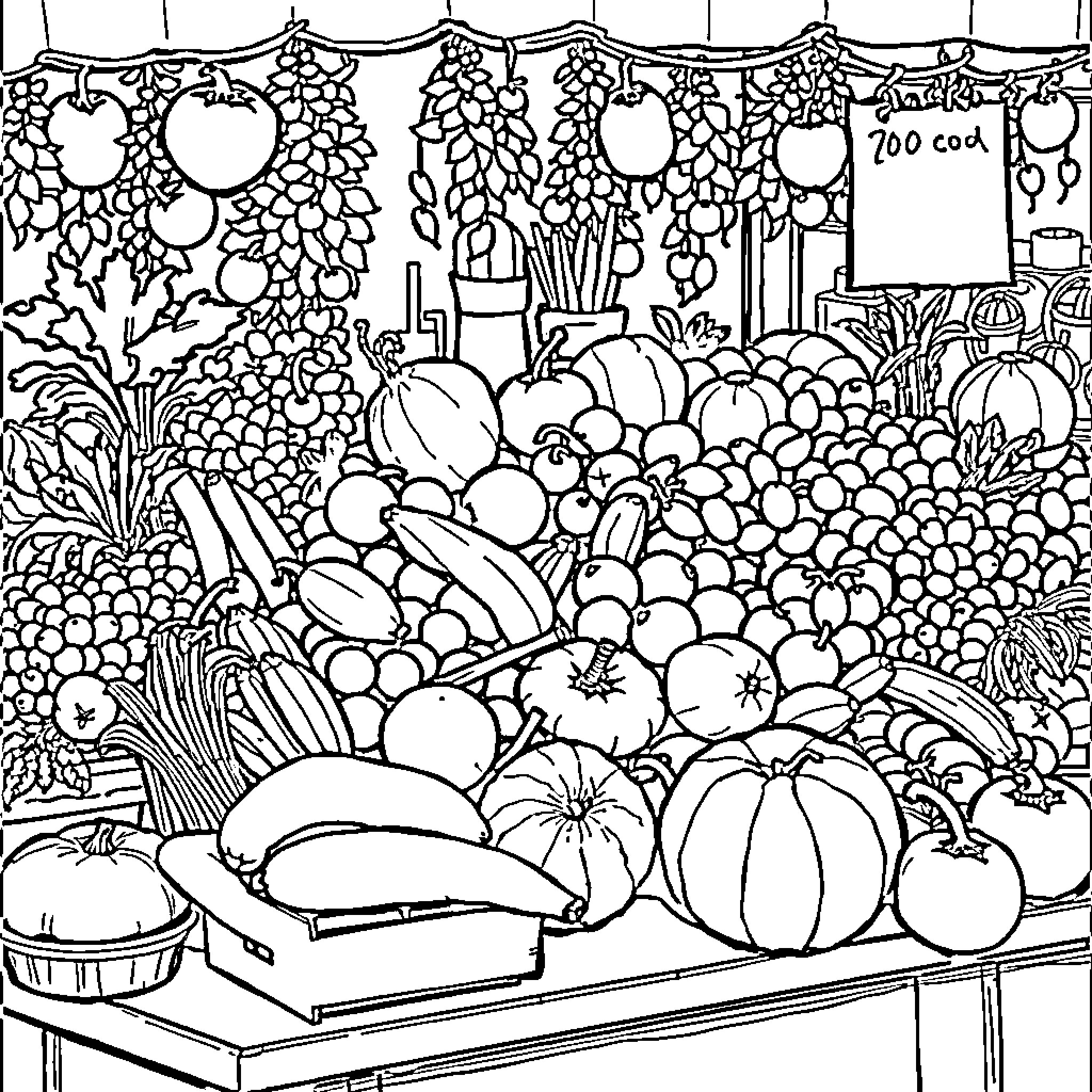 Fruit and Vegetable Market Scene Coloring Page (free black-and-white line drawing printable PDF for all, from beginners to advanced learners, including children, teens, adults, and seniors)