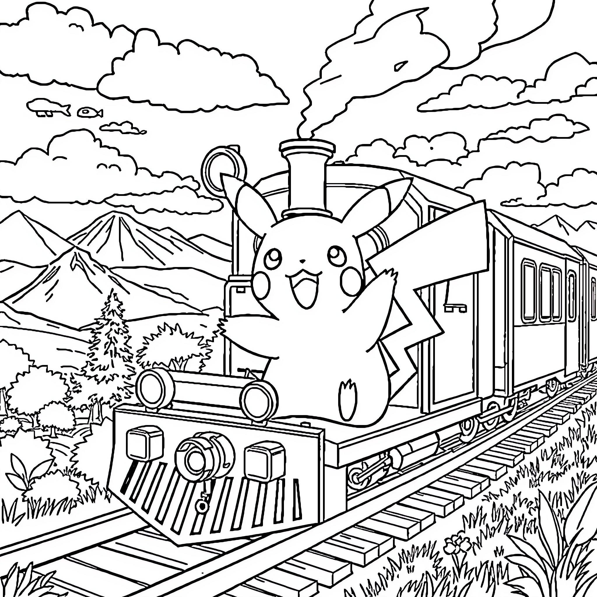Pikachu travels on a magical train through the mountains Coloring Page (free black-and-white line drawing printable PDF for all, from beginners to advanced learners, including children, teens, adults, and seniors)