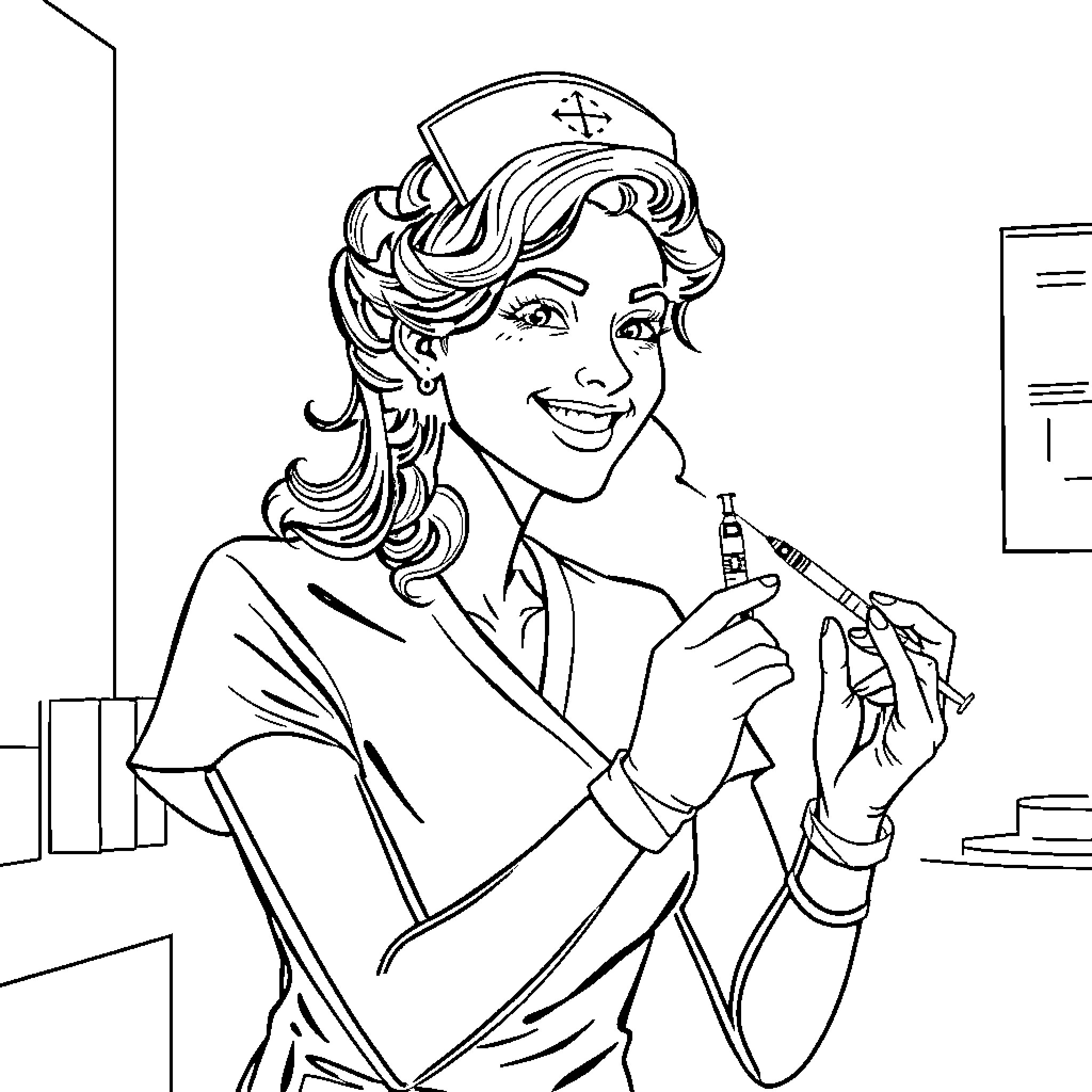 Nurse Administering Vaccine with Friendly Smile Coloring Page (free black-and-white line drawing printable PDF for all, from beginners to advanced learners, including children, teens, adults, and seniors)
