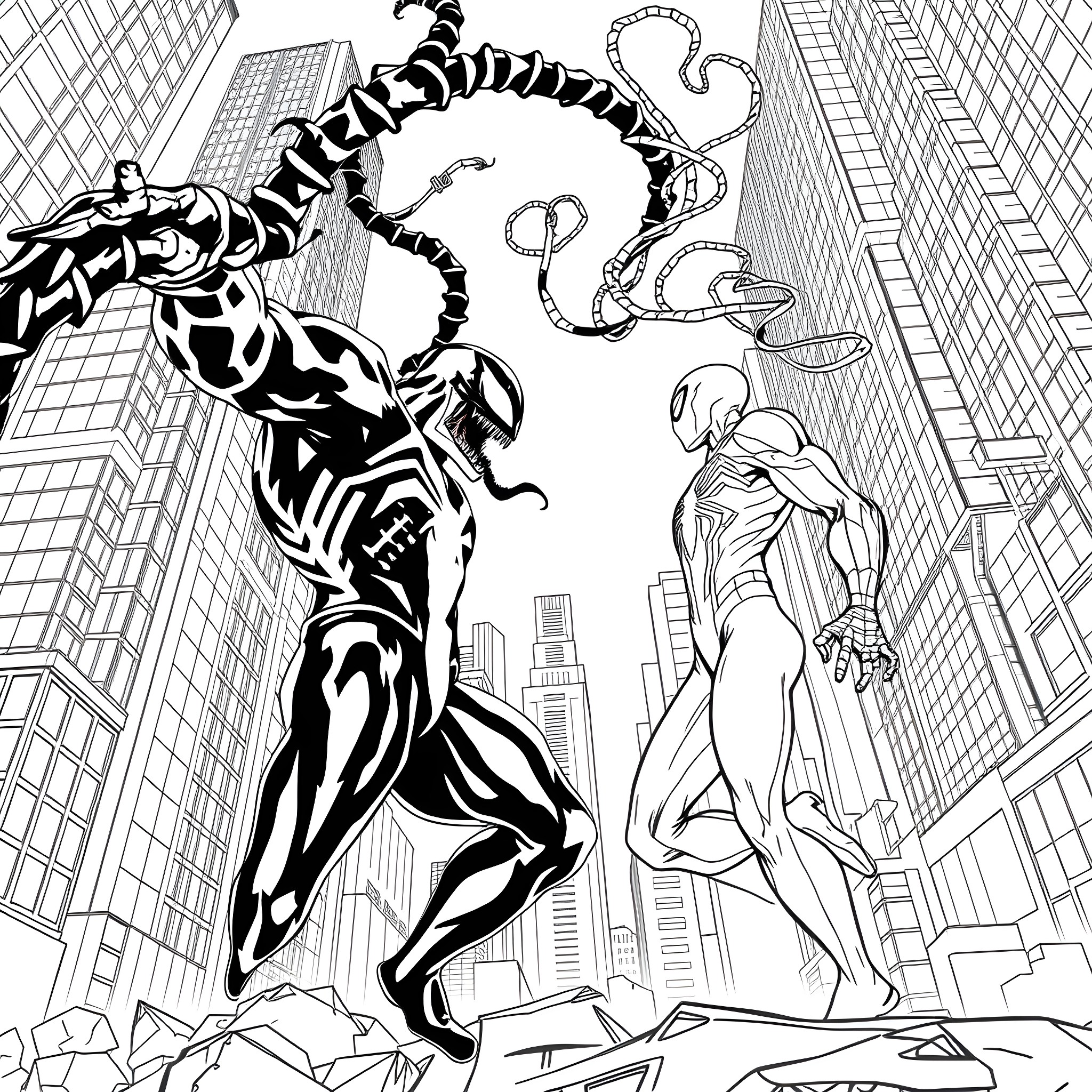 Venom Unleashed: Superhero Showdown in the City Coloring Page (free black-and-white line drawing printable PDF for all, from beginners to advanced learners, including children, teens, adults, and seniors)