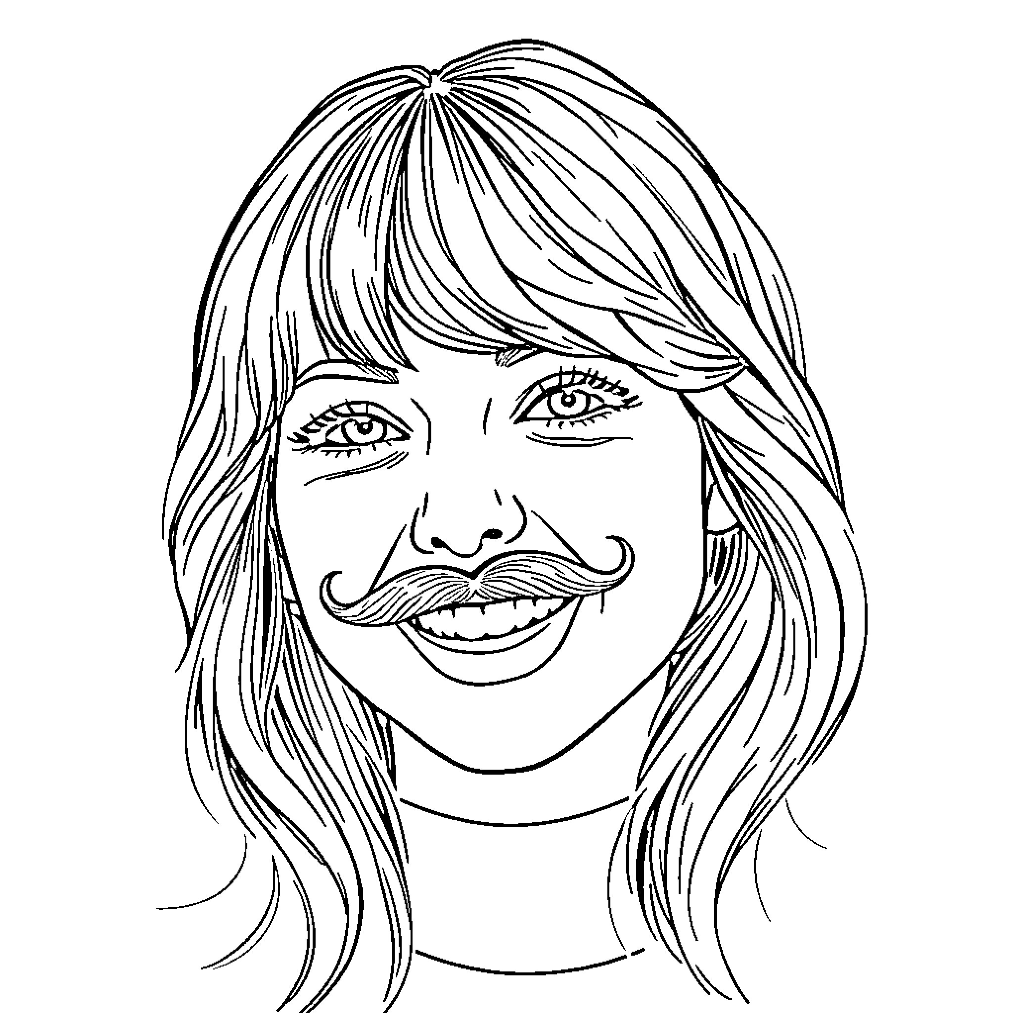 Taylor Swift styling mustache and playful expression Coloring Page (free black-and-white line drawing printable PDF for all, from beginners to advanced learners, including children, teens, adults, and seniors)