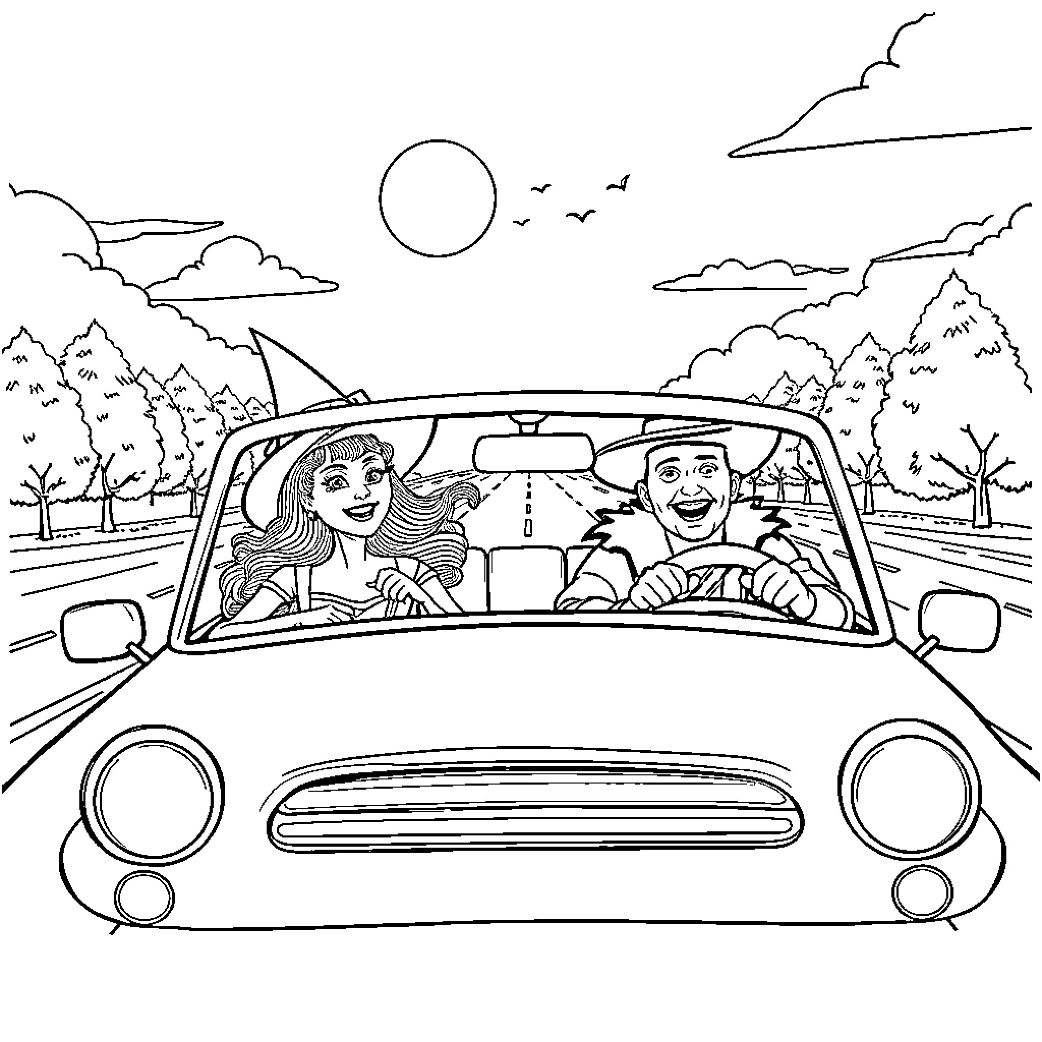 Glinda and Elphaba enjoying a scenic road trip Coloring Page (free black-and-white line drawing printable PDF for all, from beginners to advanced learners, including children, teens, adults, and seniors)