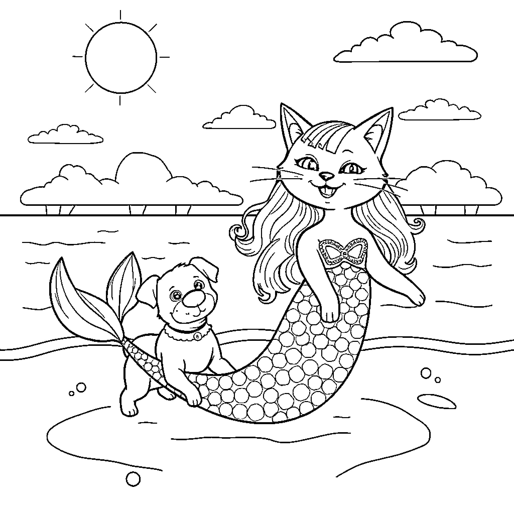 Cat mermaid and dog mermaid playing in the ocean Coloring Page (free black-and-white line drawing printable PDF for all, from beginners to advanced learners, including children, teens, adults, and seniors)